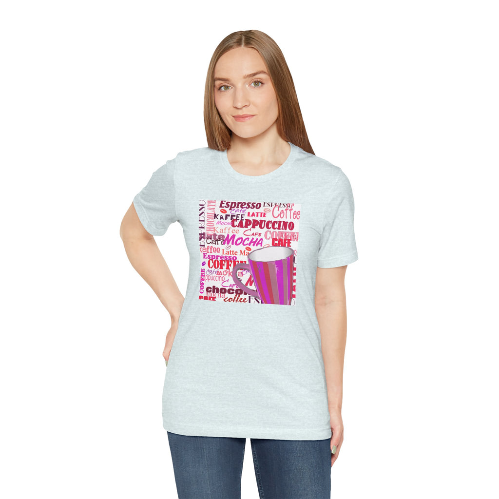 Coffee Words Graphic Tee — Pink Latte Mocha Cup Shirt