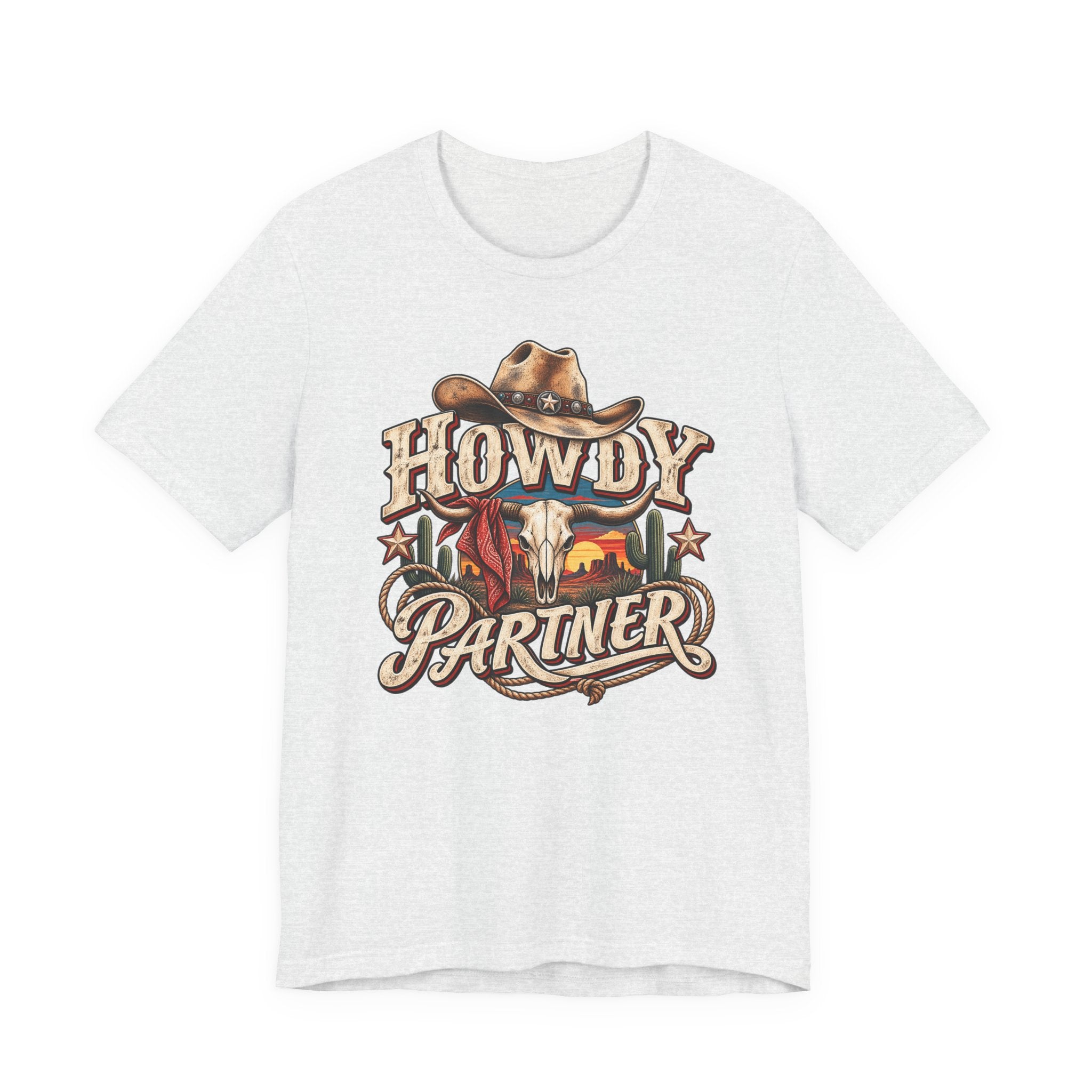 Howdy Partner Cowboy T‑Shirt - Western Skull & Sunset Graphic Tee