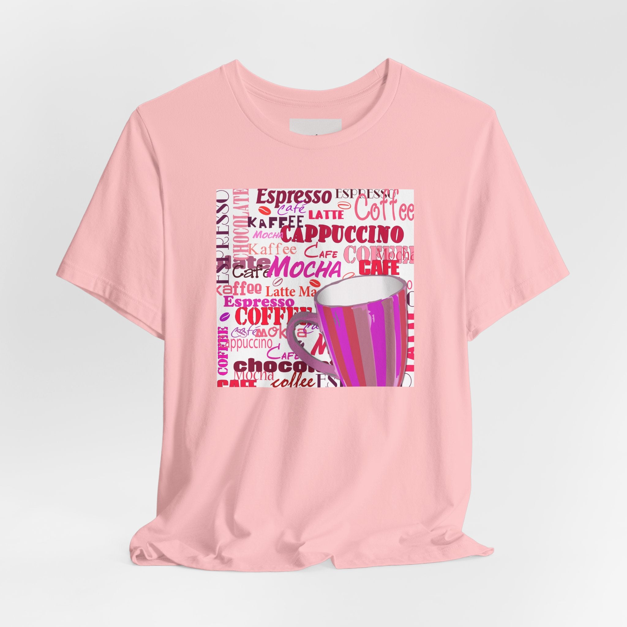 Coffee Words Graphic Tee — Pink Latte Mocha Cup Shirt