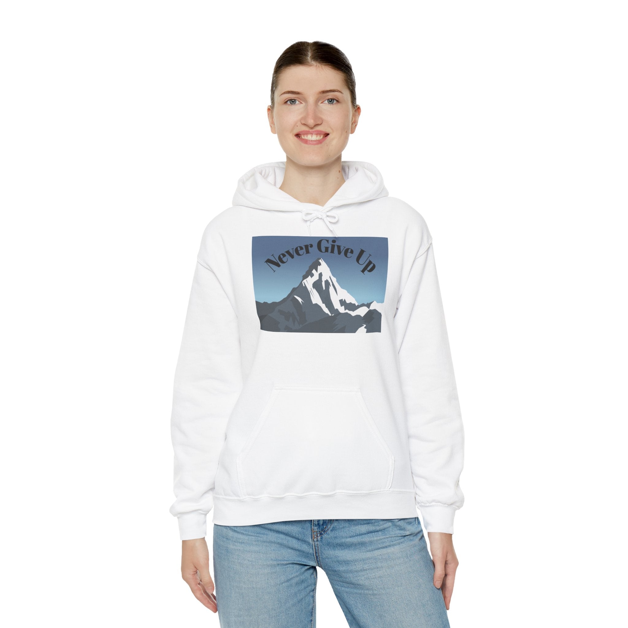 Motivational Mountain Hoodie - "Never Give Up" Inspirational Graphic Hoodie