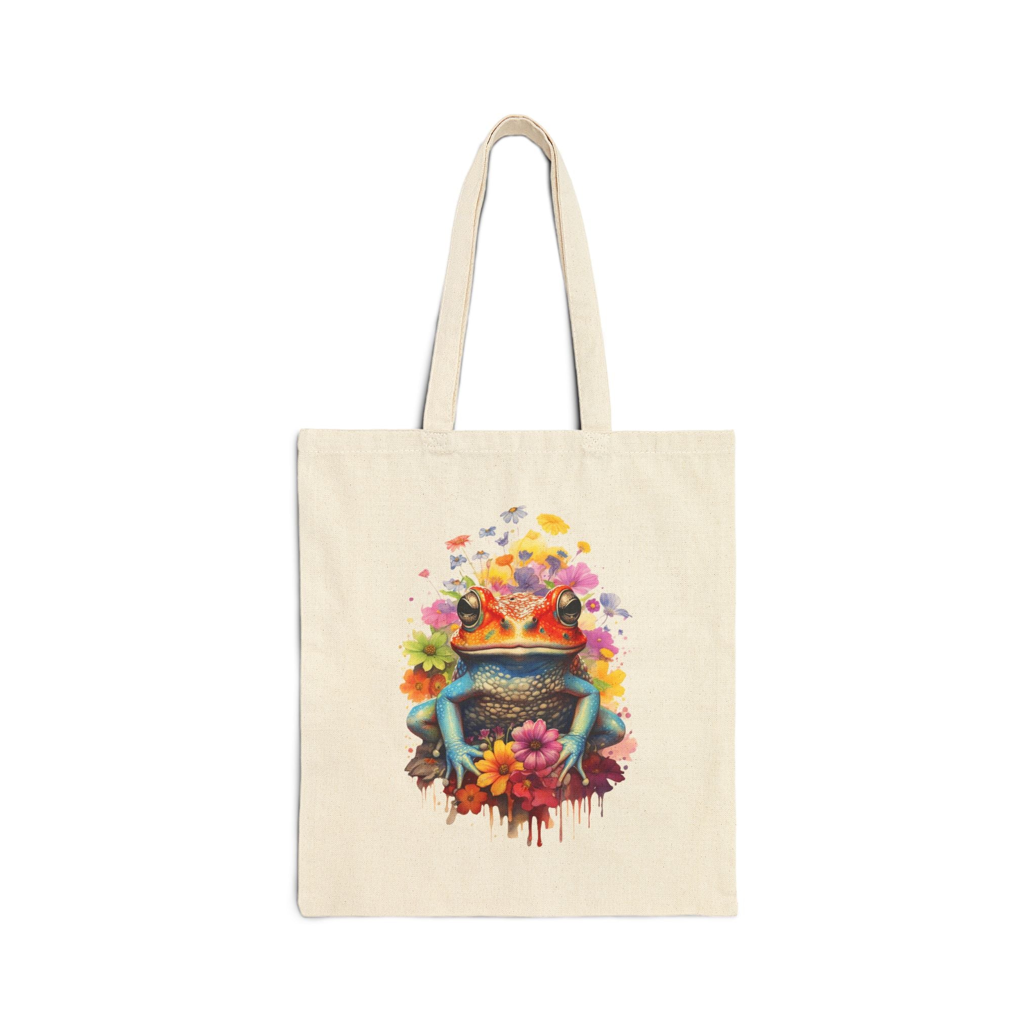 Frog King Floral Tote Bag – Colorful Watercolor Frog Canvas Tote