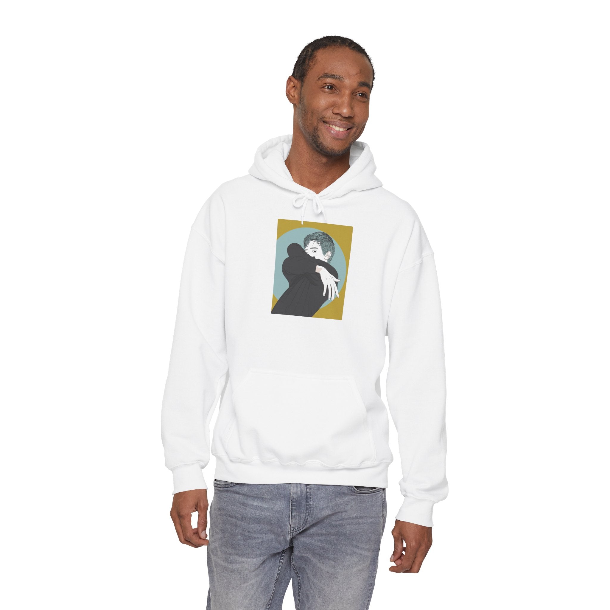 Minimalist Embrace Hoodie — Retro Couple Illustration Pullover