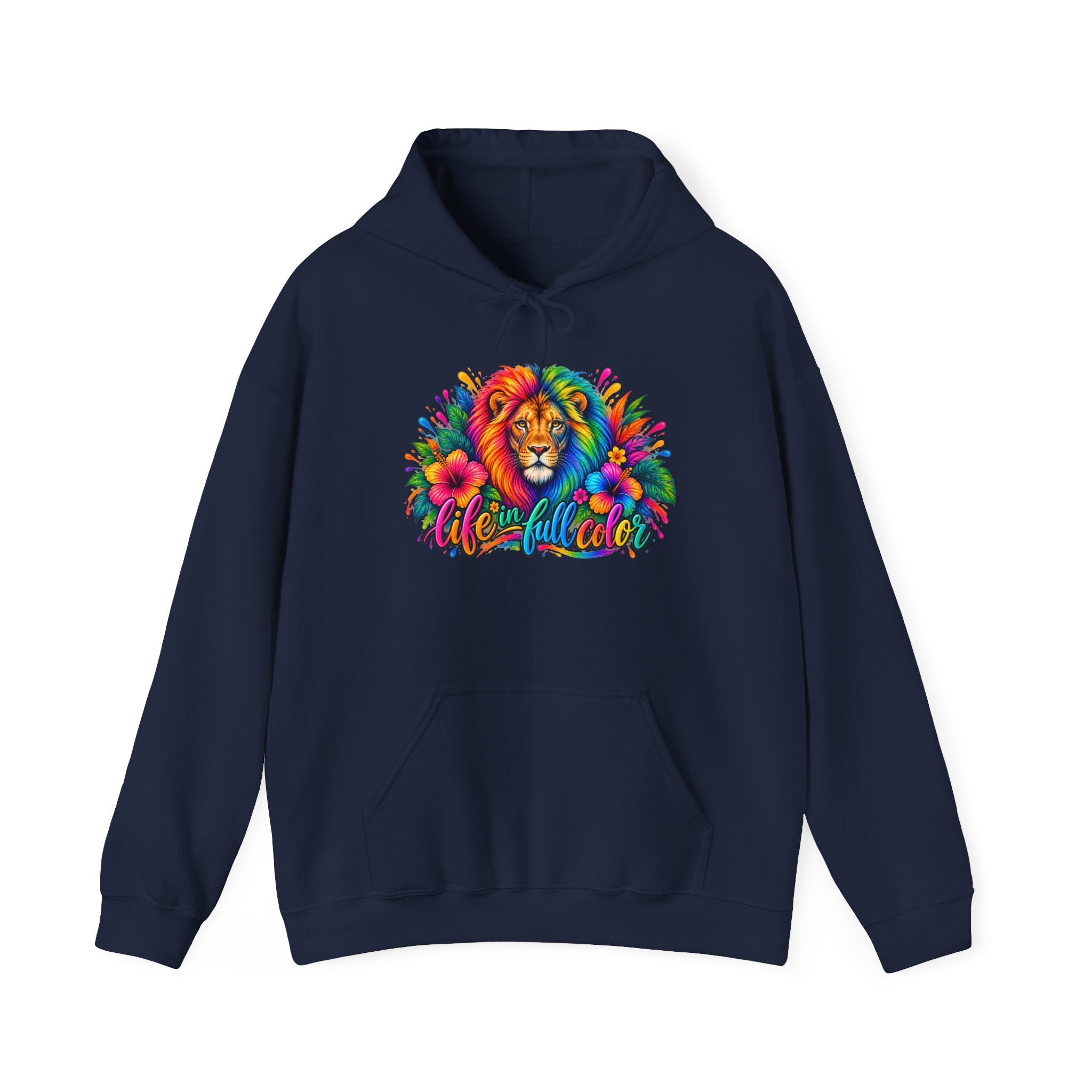 Colorful Lion Hoodie with 'Wild and Free' Floral Design — Vibrant Animal Lover Sweatshirt