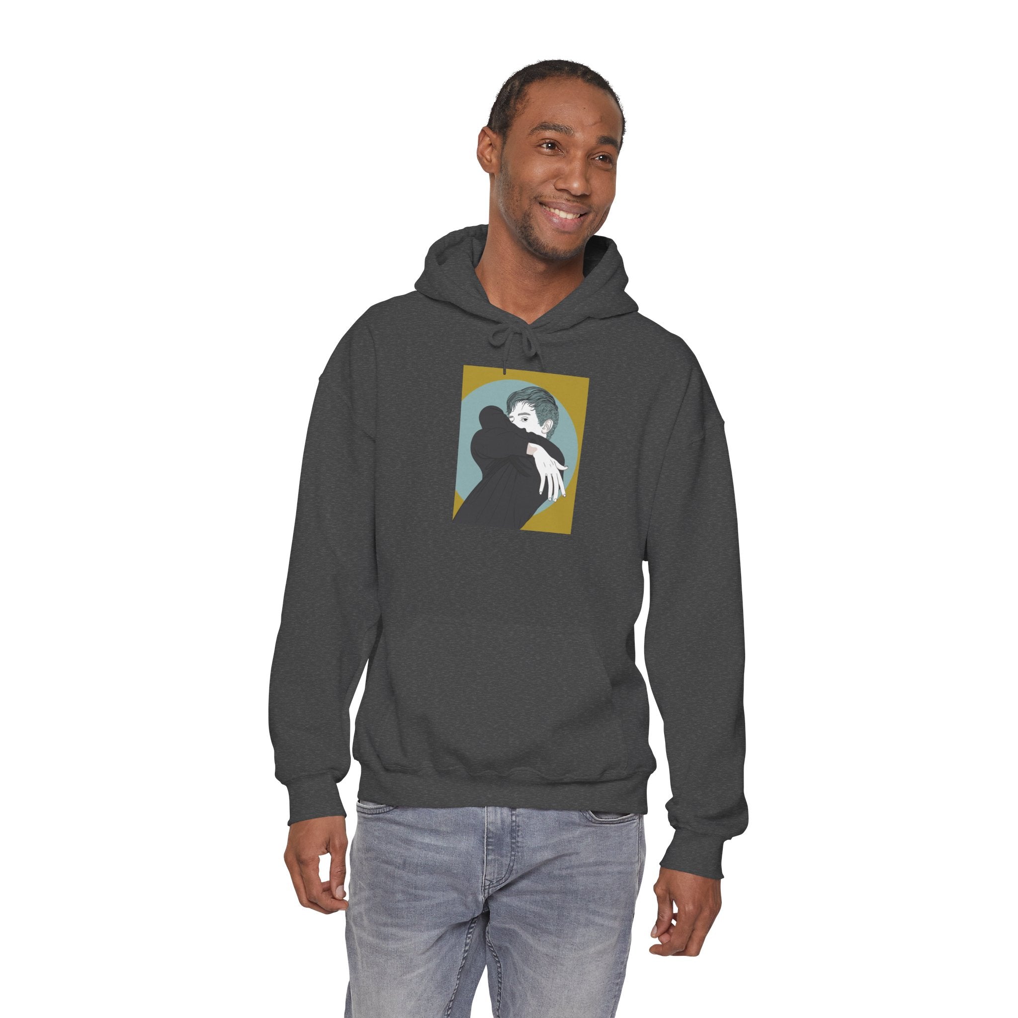 Minimalist Embrace Hoodie — Retro Couple Illustration Pullover