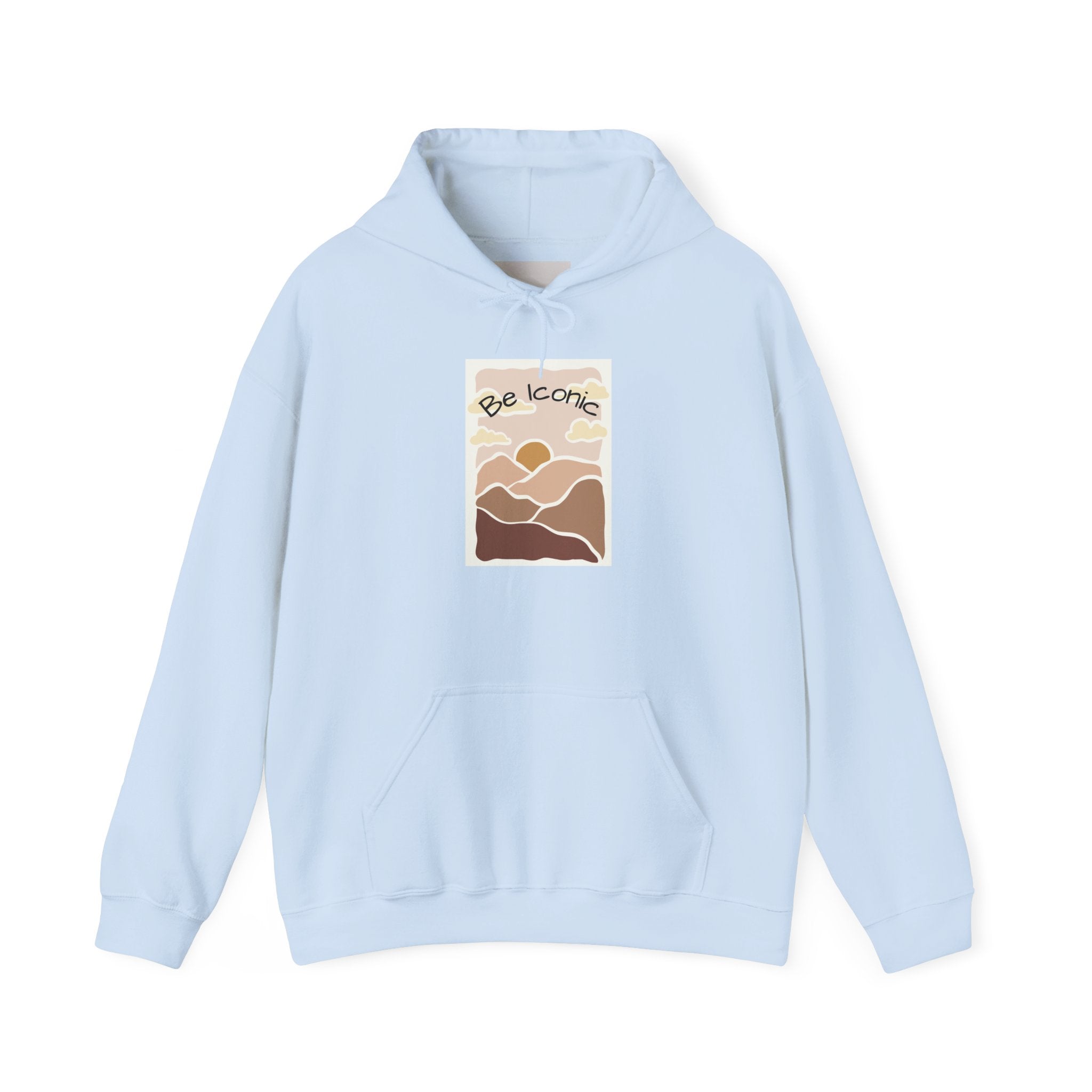 Be Iconic Hoodie — Retro Earthtone Sunset Graphic Hooded Sweatshirt