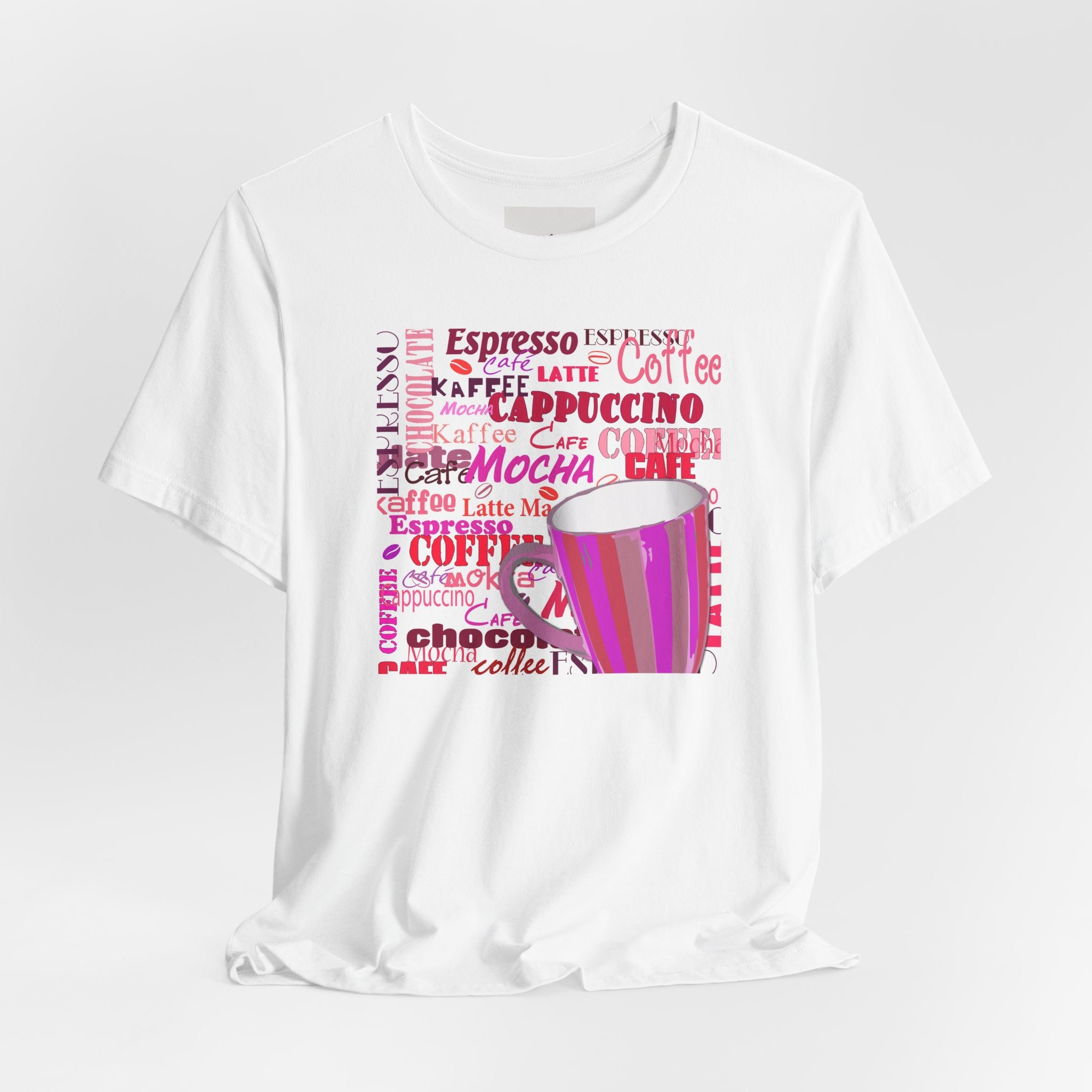 Coffee Words Graphic Tee — Pink Latte Mocha Cup Shirt