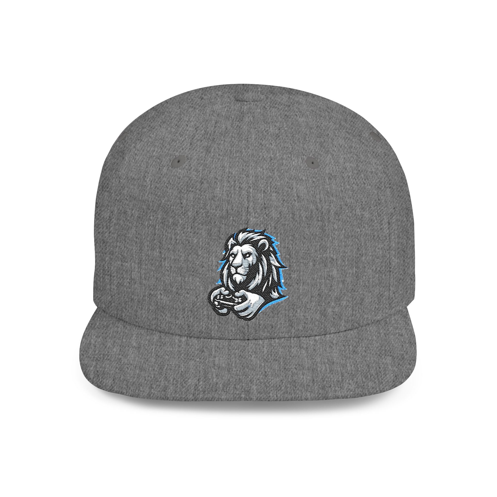Gaming Lion Embroidered Snapback Hat — Flat Bill White Cap with Regal Lion Design