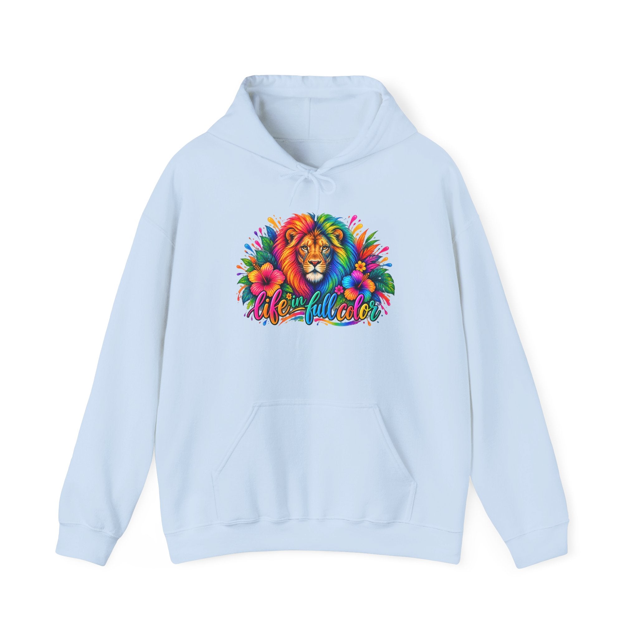 Colorful Lion Hoodie with 'Wild and Free' Floral Design — Vibrant Animal Lover Sweatshirt