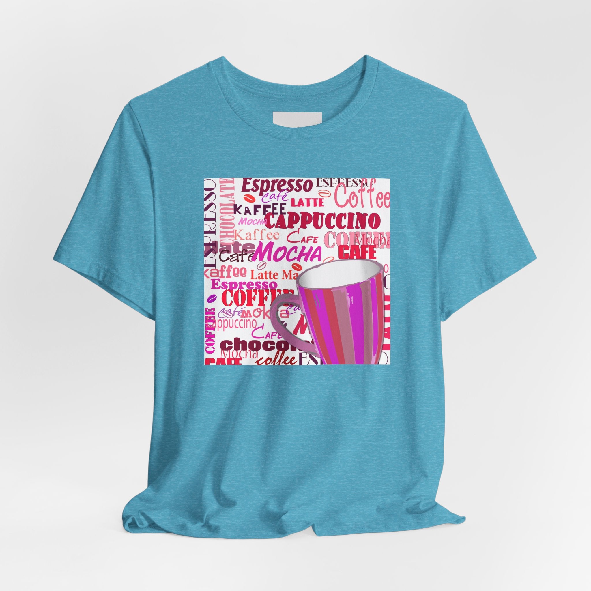 Coffee Words Graphic Tee — Pink Latte Mocha Cup Shirt