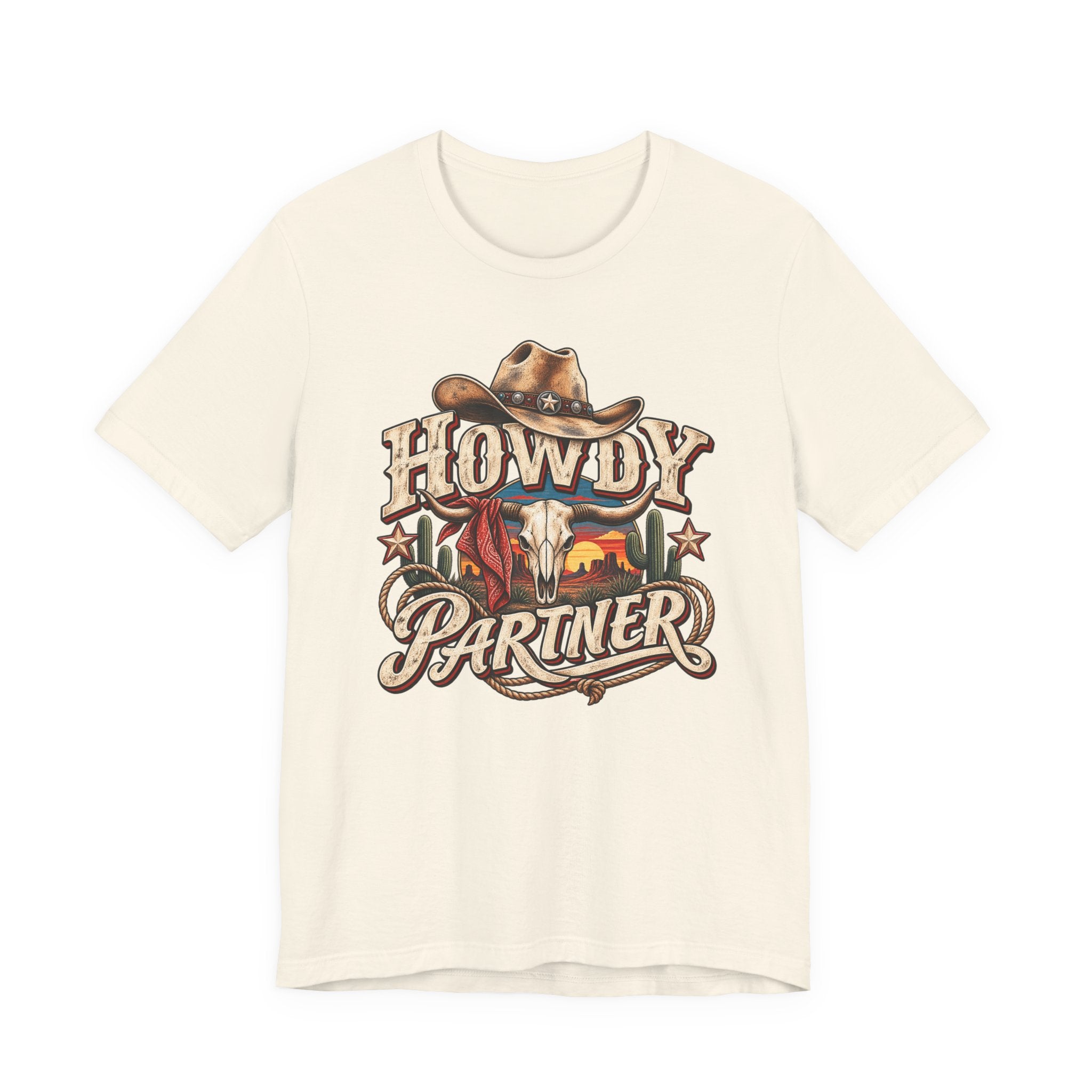 Howdy Partner Cowboy T‑Shirt - Western Skull & Sunset Graphic Tee