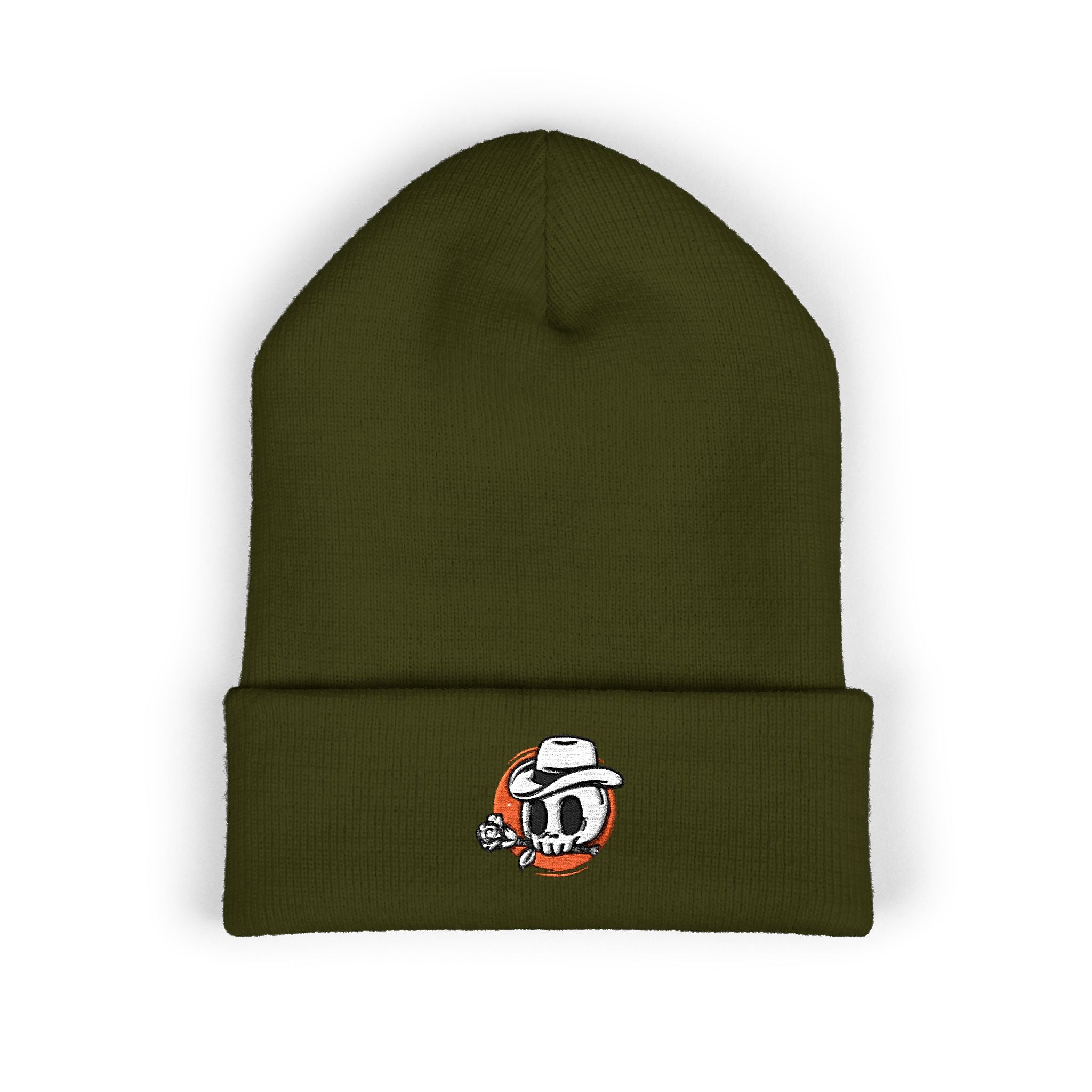 Embroidered Skate Skull Cuffed Beanie — White