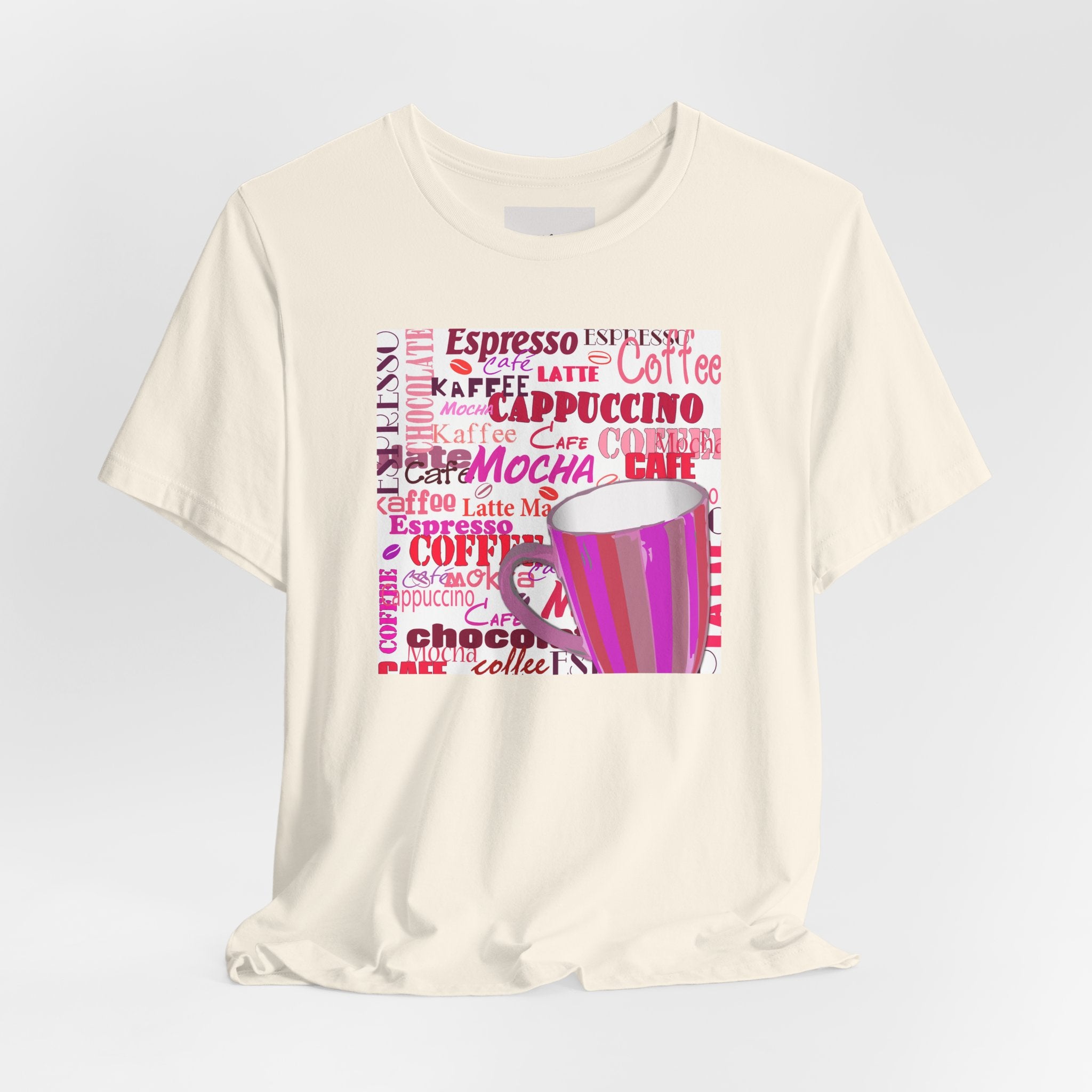 Coffee Words Graphic Tee — Pink Latte Mocha Cup Shirt