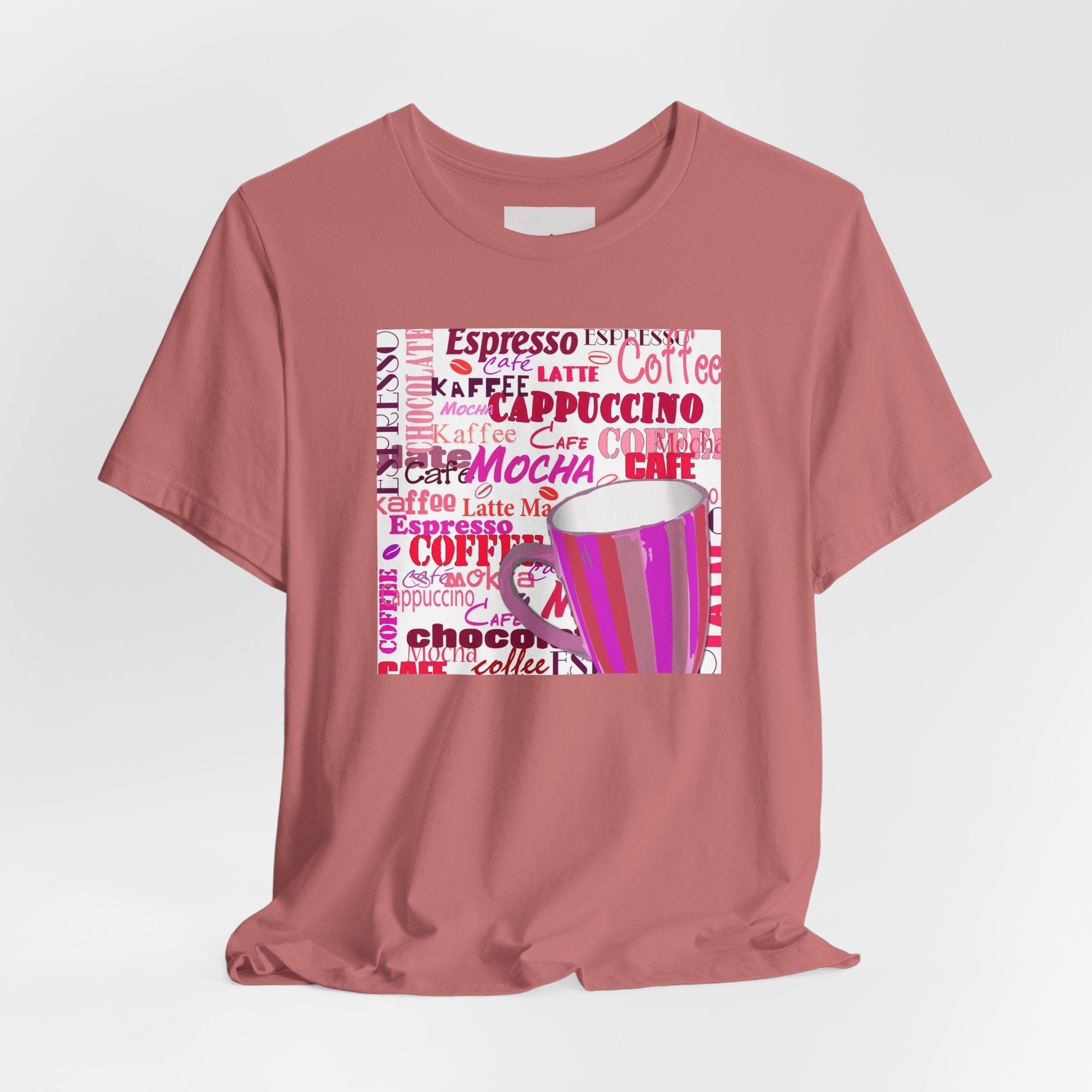 Coffee Words Graphic Tee — Pink Latte Mocha Cup Shirt