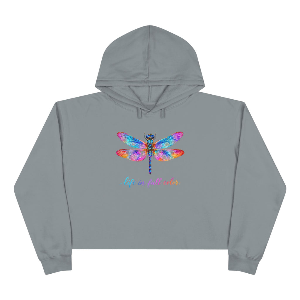 Colorful Dragonfly Crop Hoodie — "Life in Full Color" Graphic