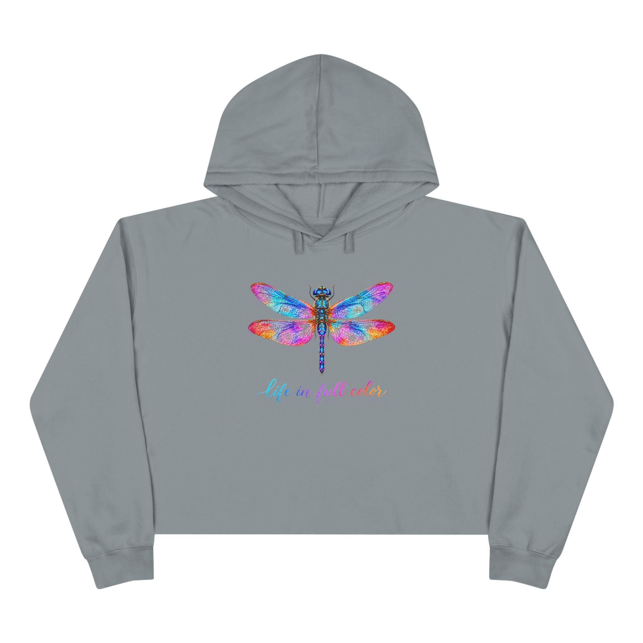 Colorful Dragonfly Crop Hoodie — "Life in Full Color" Graphic