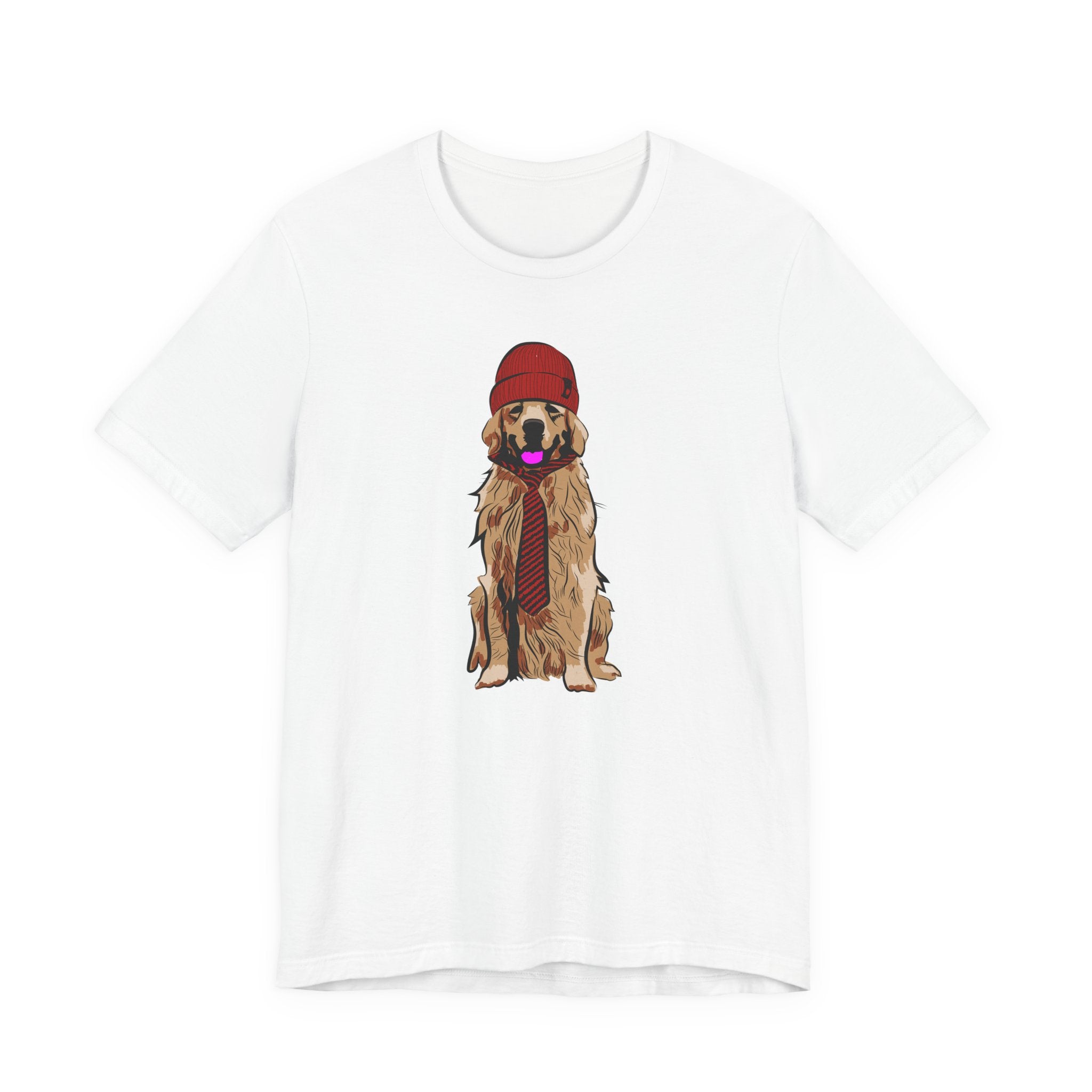 Golden Retriever Graphic Tee — Dog Wearing Beanie & Tie