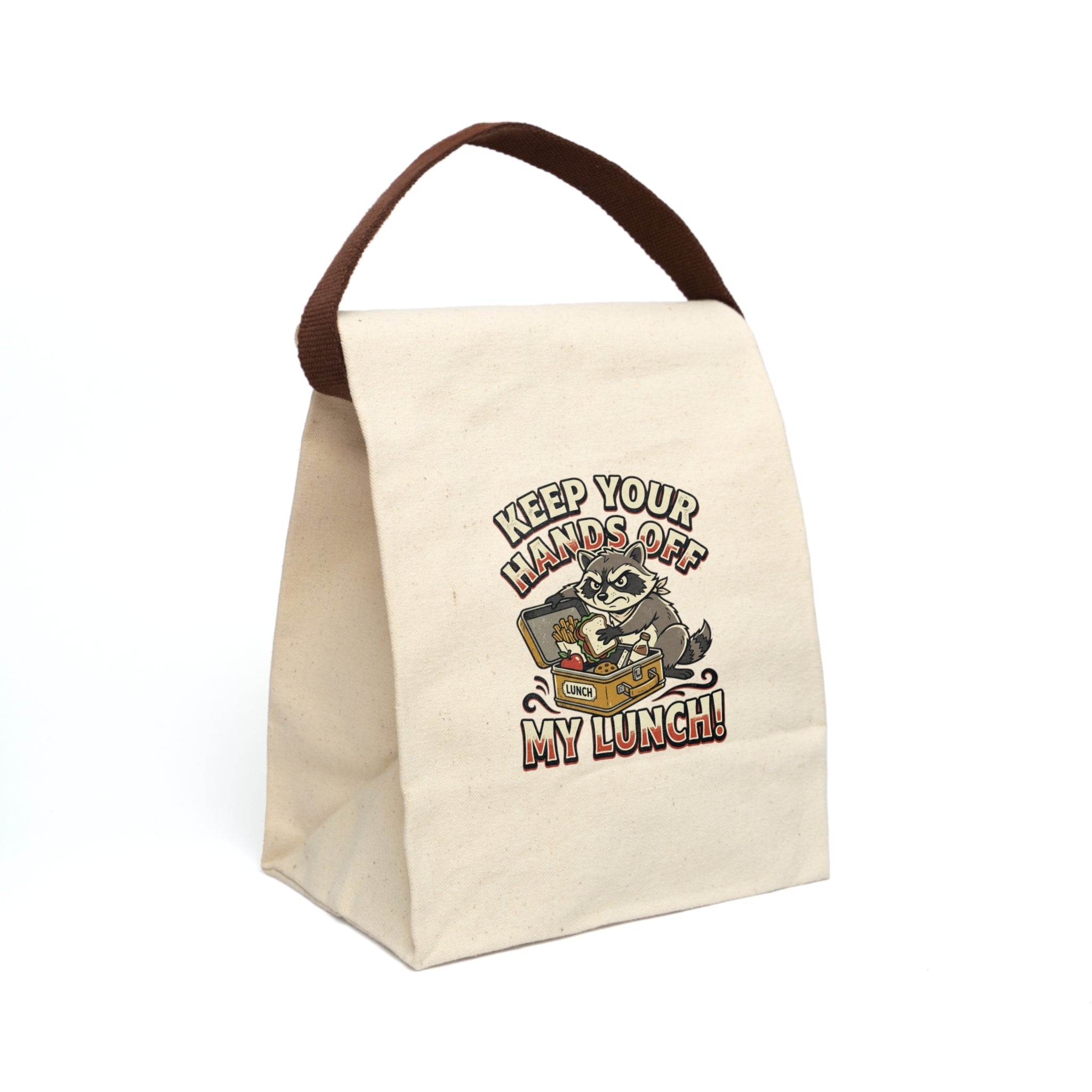 Keep Your Hands Off My Lunch! Canvas Lunch Bag with Strap | Raccoon Cartoon