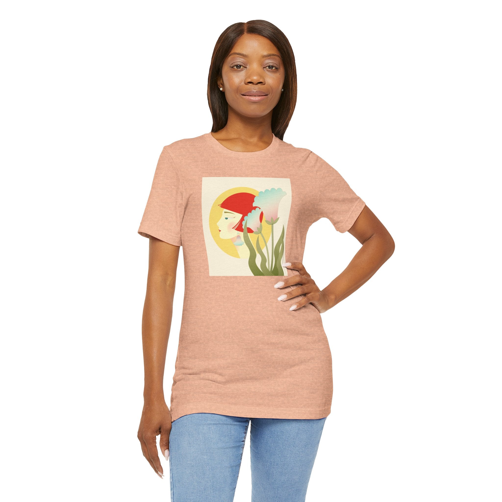 Floral Maiden Graphic Tee — Retro Woman & Tulips Art Shirt