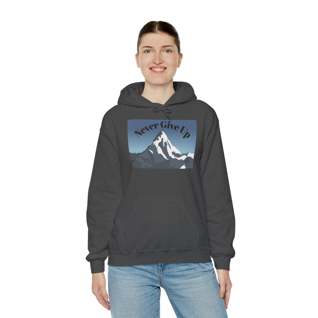 Motivational Mountain Hoodie - "Never Give Up" Inspirational Graphic Hoodie