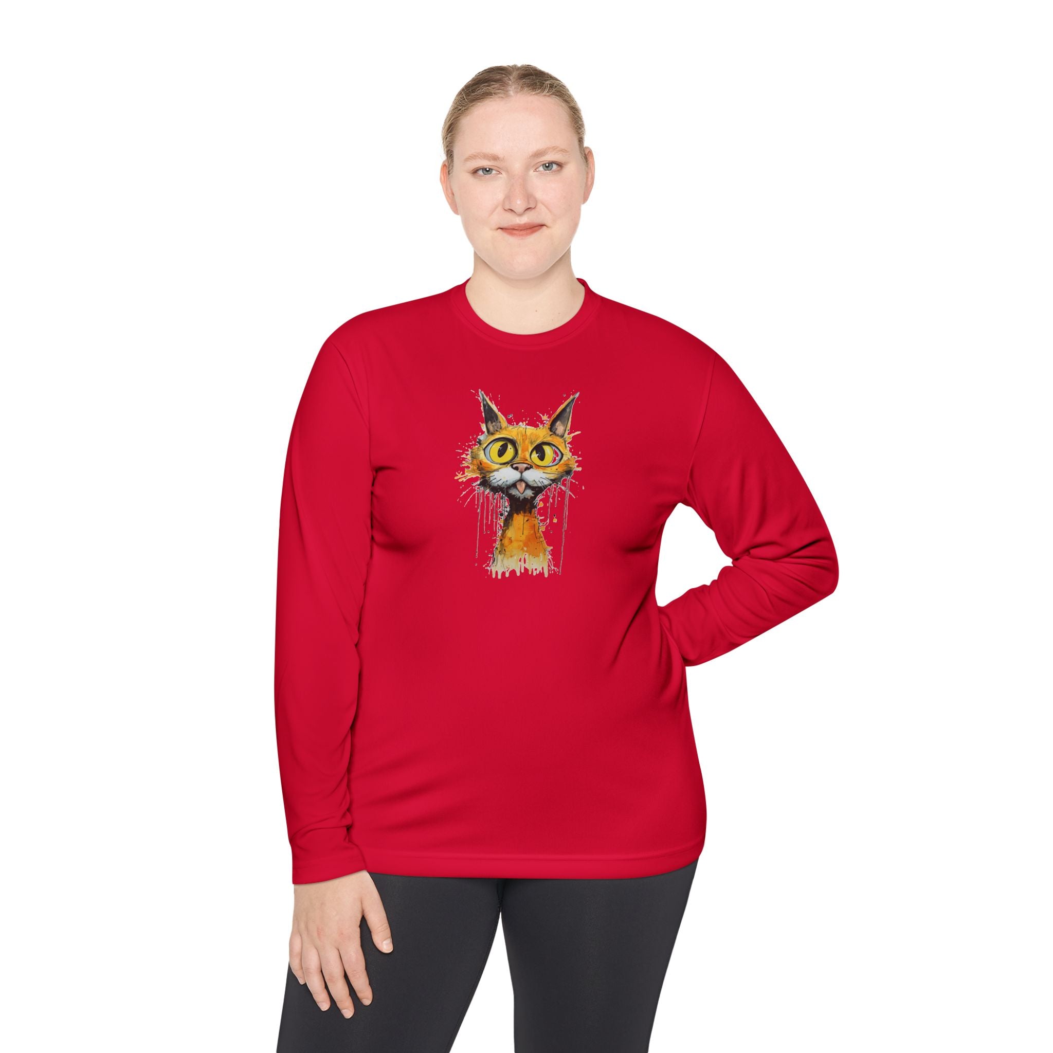 Whimsical Watercolor Cat Long Sleeve Tee — Cute Orange Kitty Art Shirt