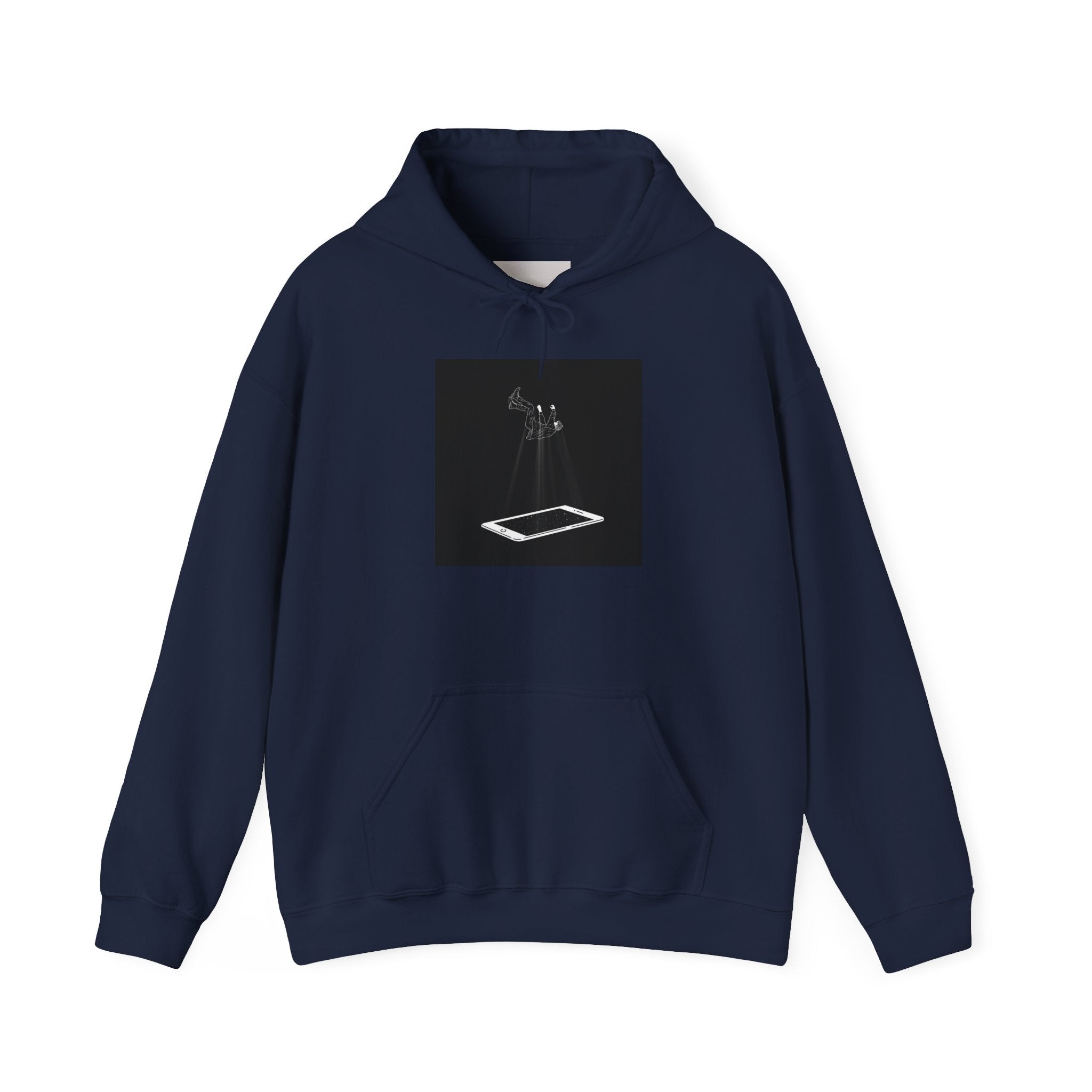 Minimalist Floating Phone Hoodie — Moody Black & White Tech Art Sweatshirt
