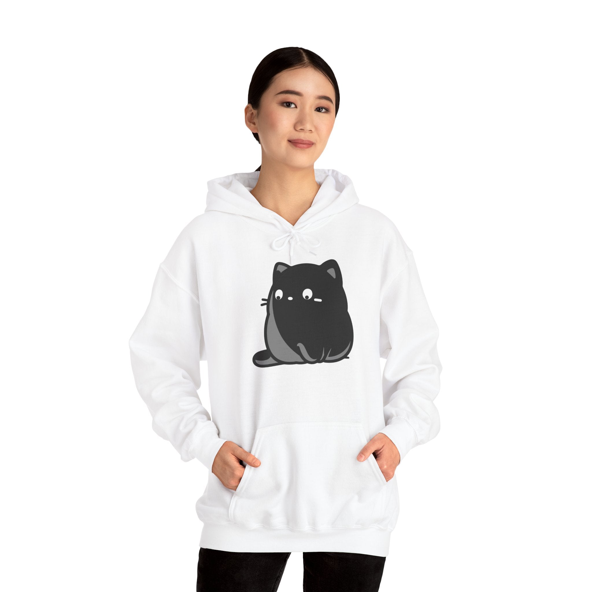 Cute Black Cat Hoodie – Kawaii Chubby Cat Graphic Sweatshirt