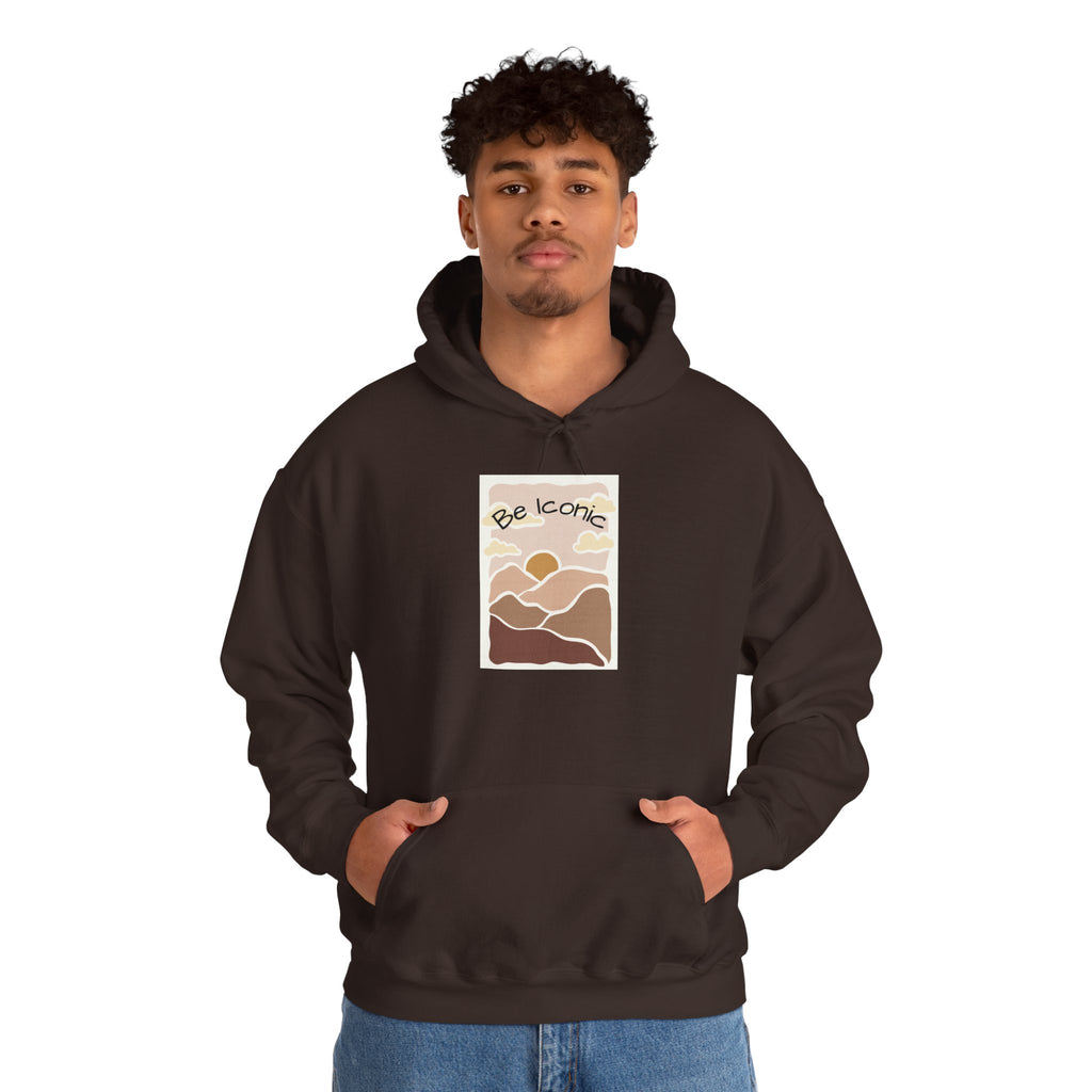 Be Iconic Hoodie — Retro Earthtone Sunset Graphic Hooded Sweatshirt