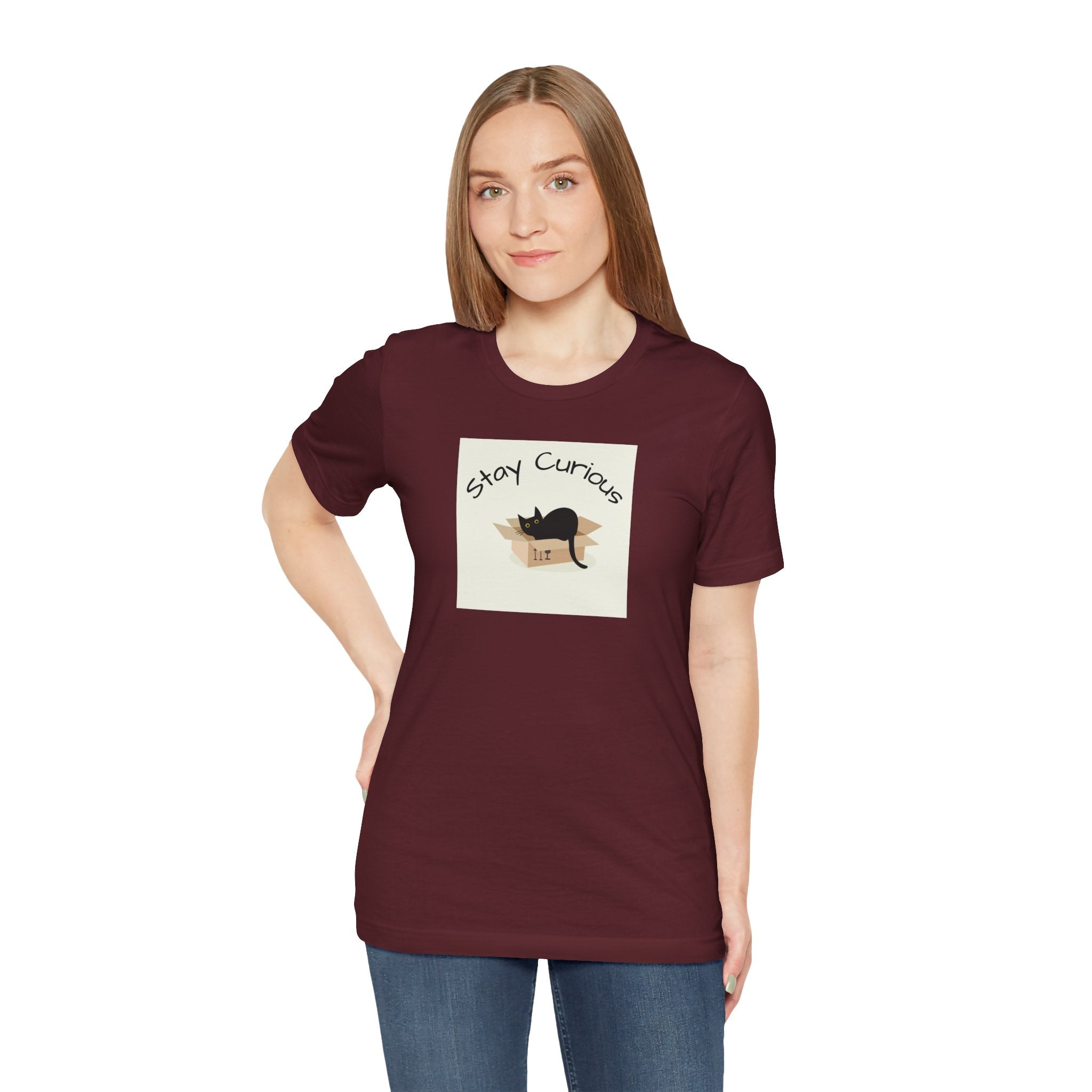Stay Curious Cat T-Shirt — Cute Black Cat in Box Graphic Tee