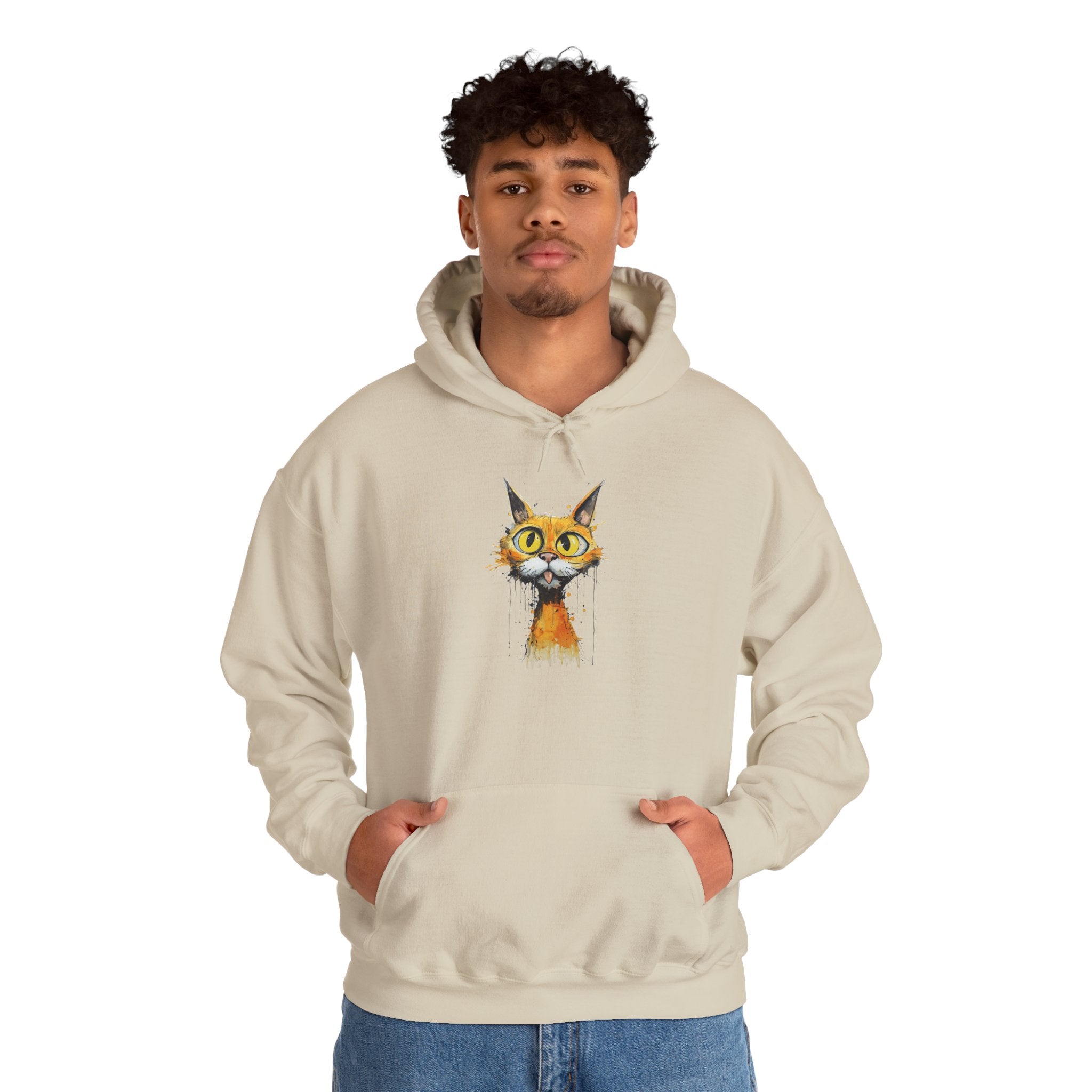Cat Portrait Hoodie — Whimsical Watercolor Yellow-Eyed Cat Graphic