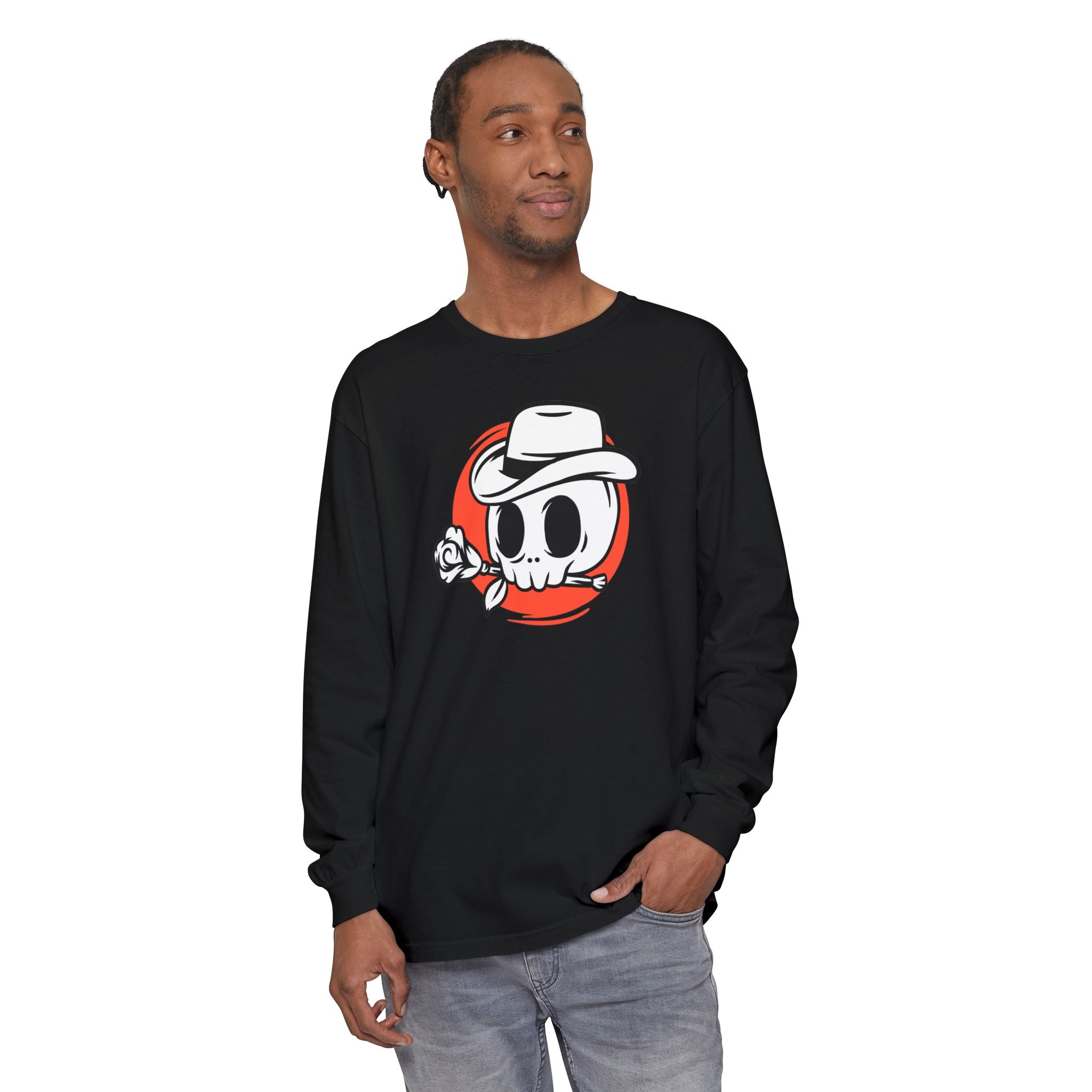 Skull Cowboy Long Sleeve Tee – Retro Rose Graphic