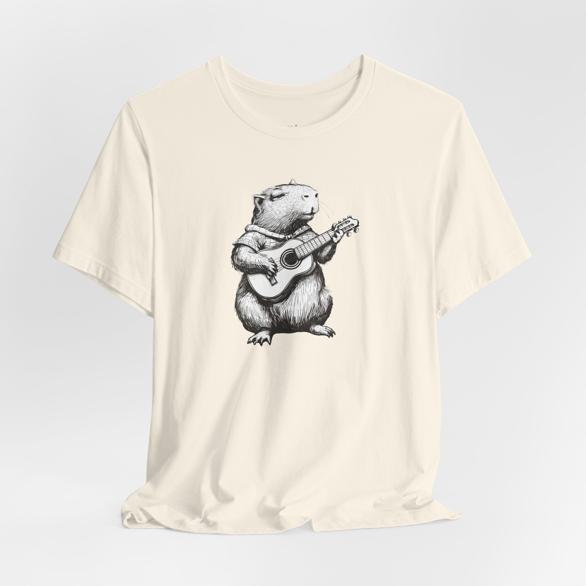 Guitar Playing Capybara Tee — Cute Acoustic Animal Graphic T-Shirt