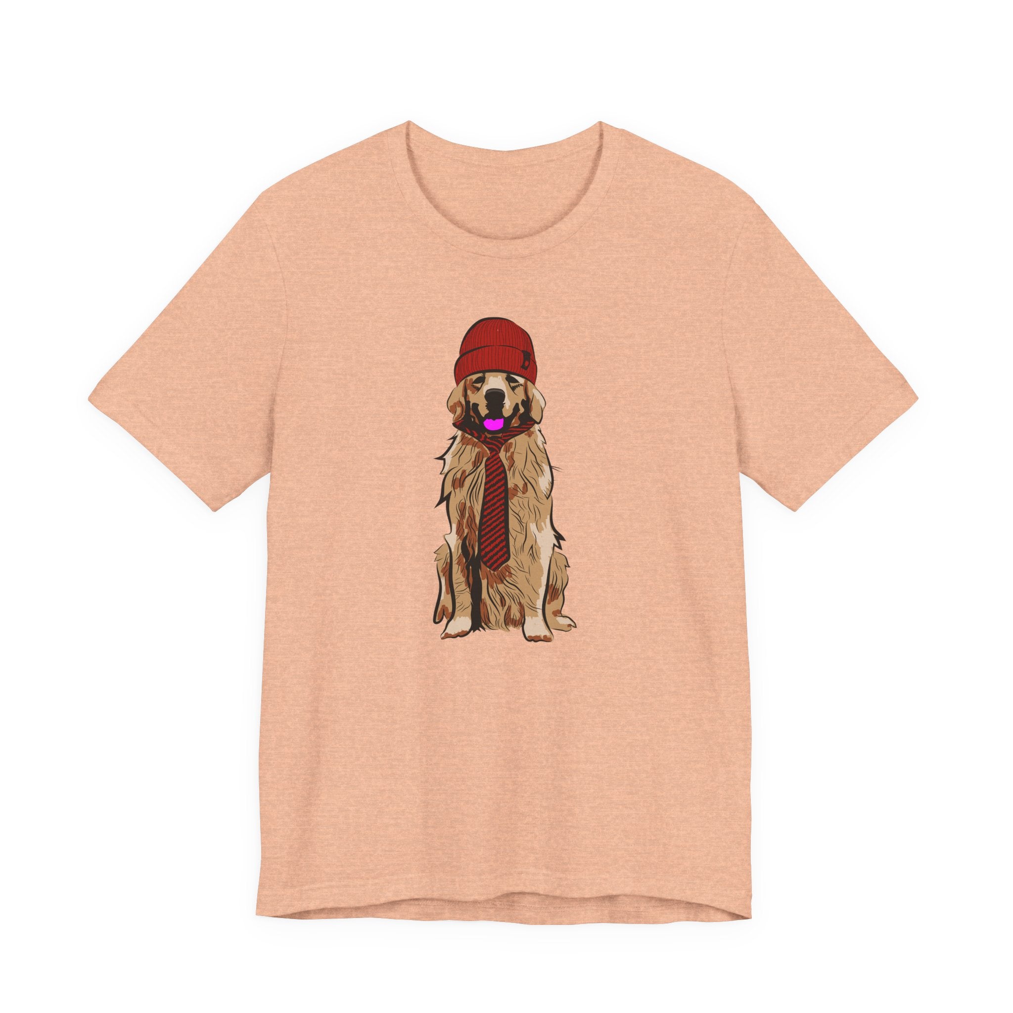 Golden Retriever Graphic Tee — Dog Wearing Beanie & Tie