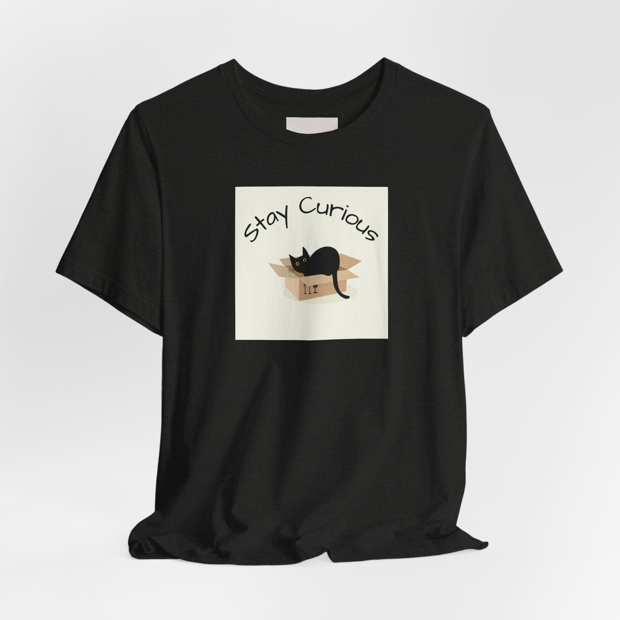 Stay Curious Cat T-Shirt — Cute Black Cat in Box Graphic Tee