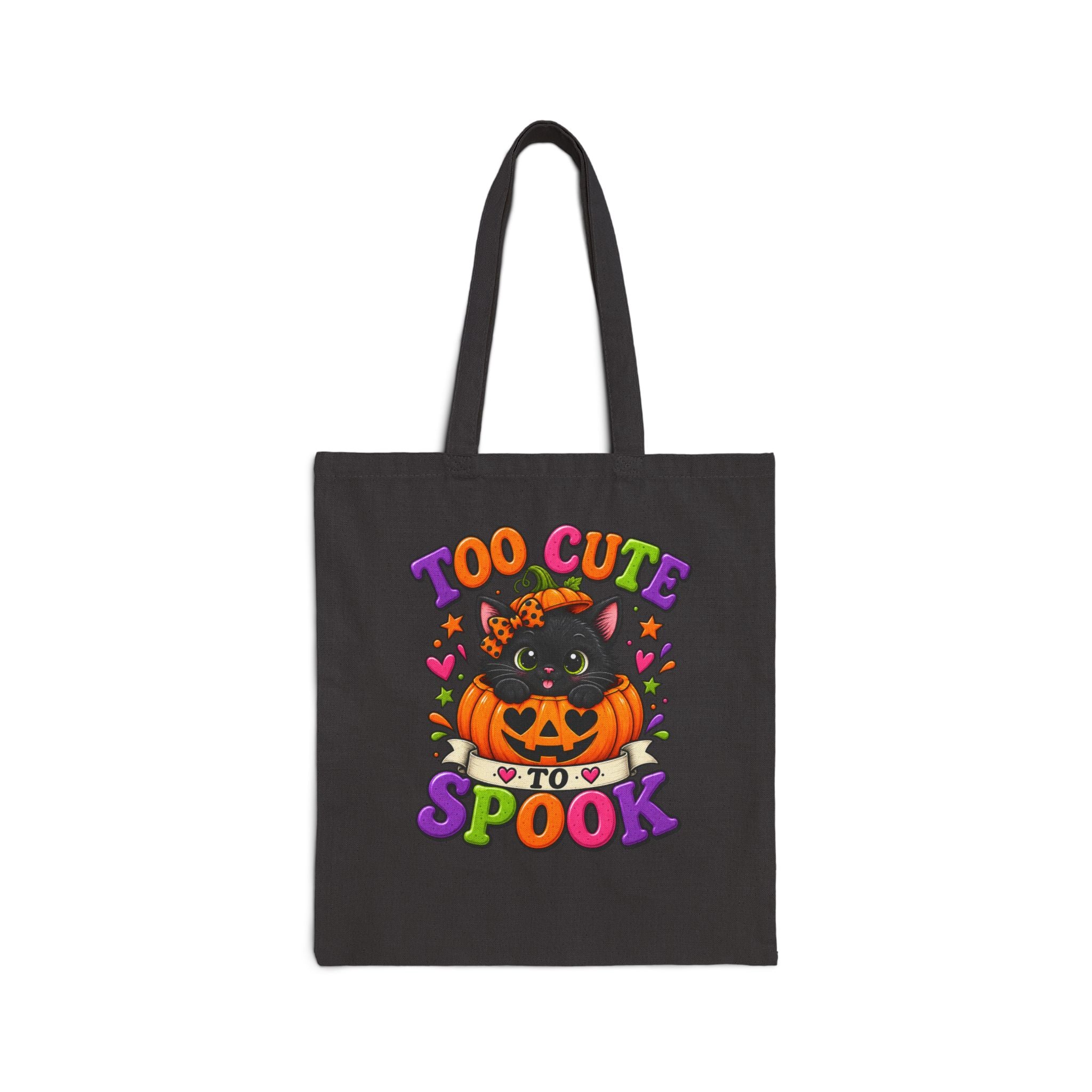 Halloween Tote Bag - "Too Cute to Spook" Black Cat Pumpkin Canvas Tote