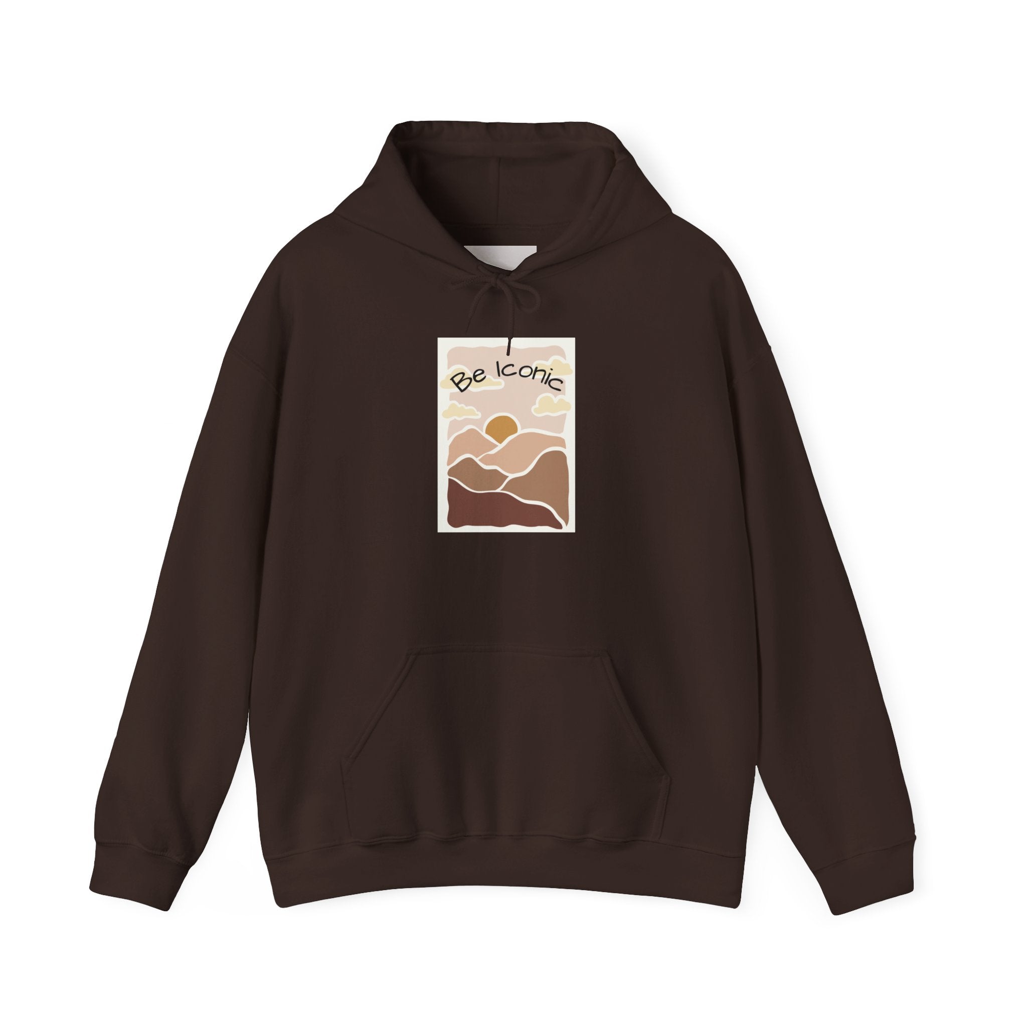 Be Iconic Hoodie — Retro Earthtone Sunset Graphic Hooded Sweatshirt