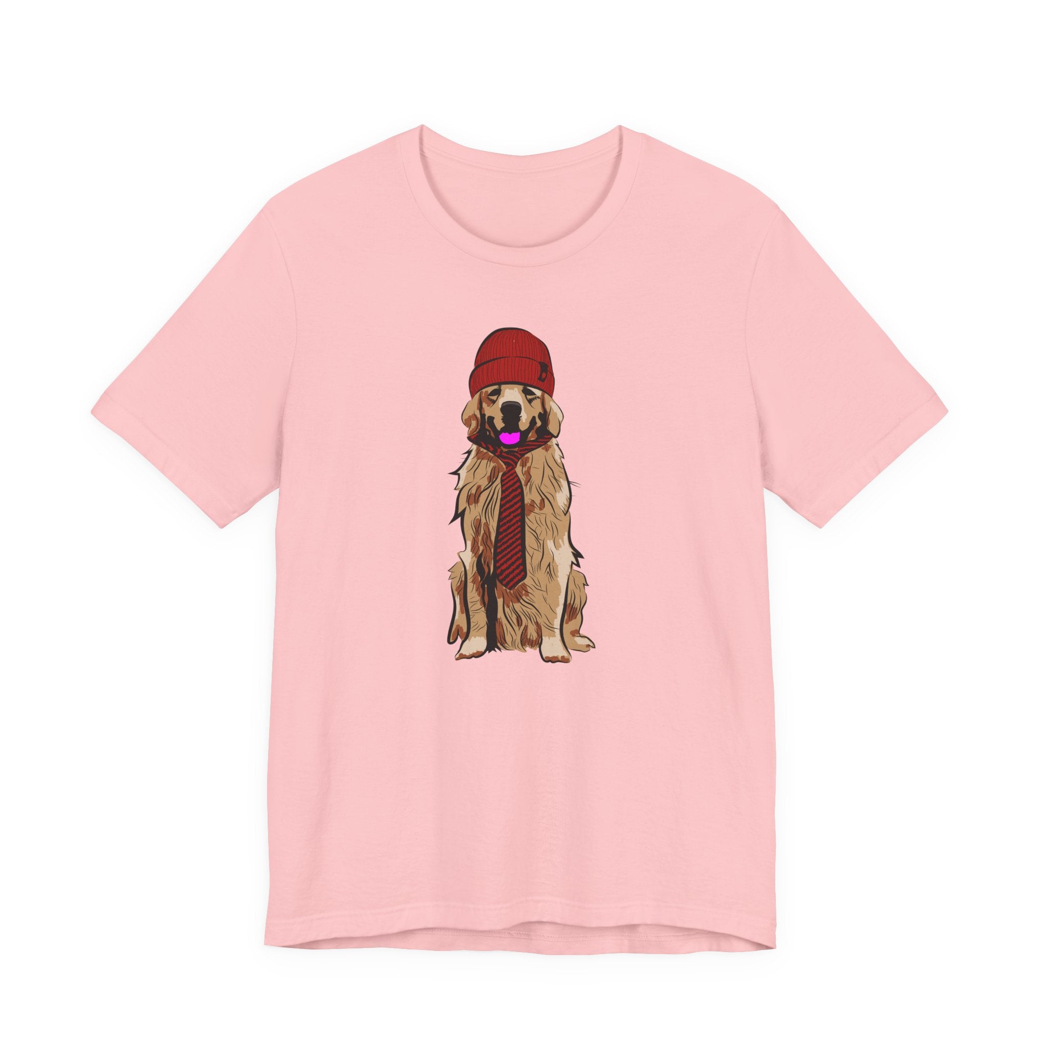 Golden Retriever Graphic Tee — Dog Wearing Beanie & Tie