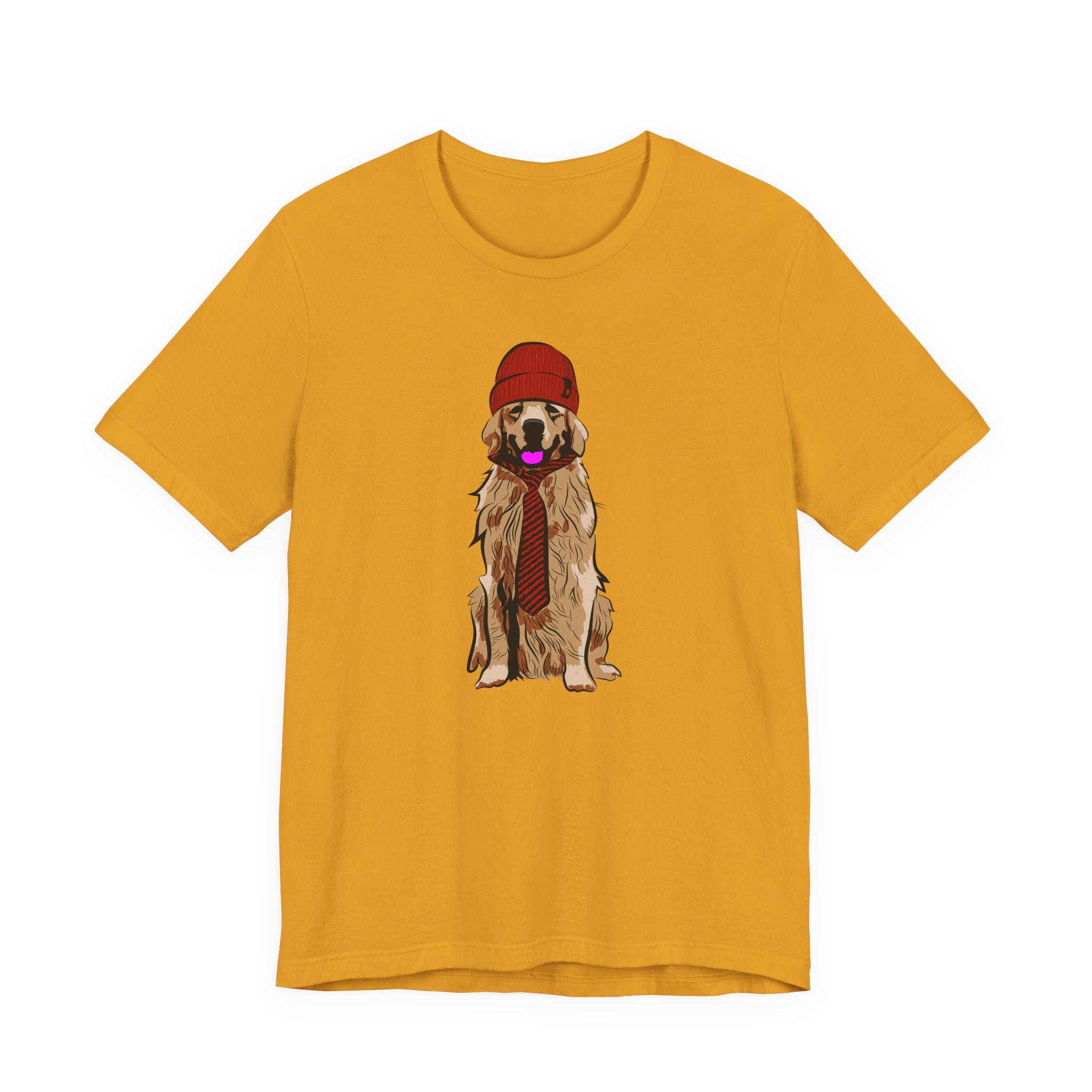 Golden Retriever Graphic Tee — Dog Wearing Beanie & Tie