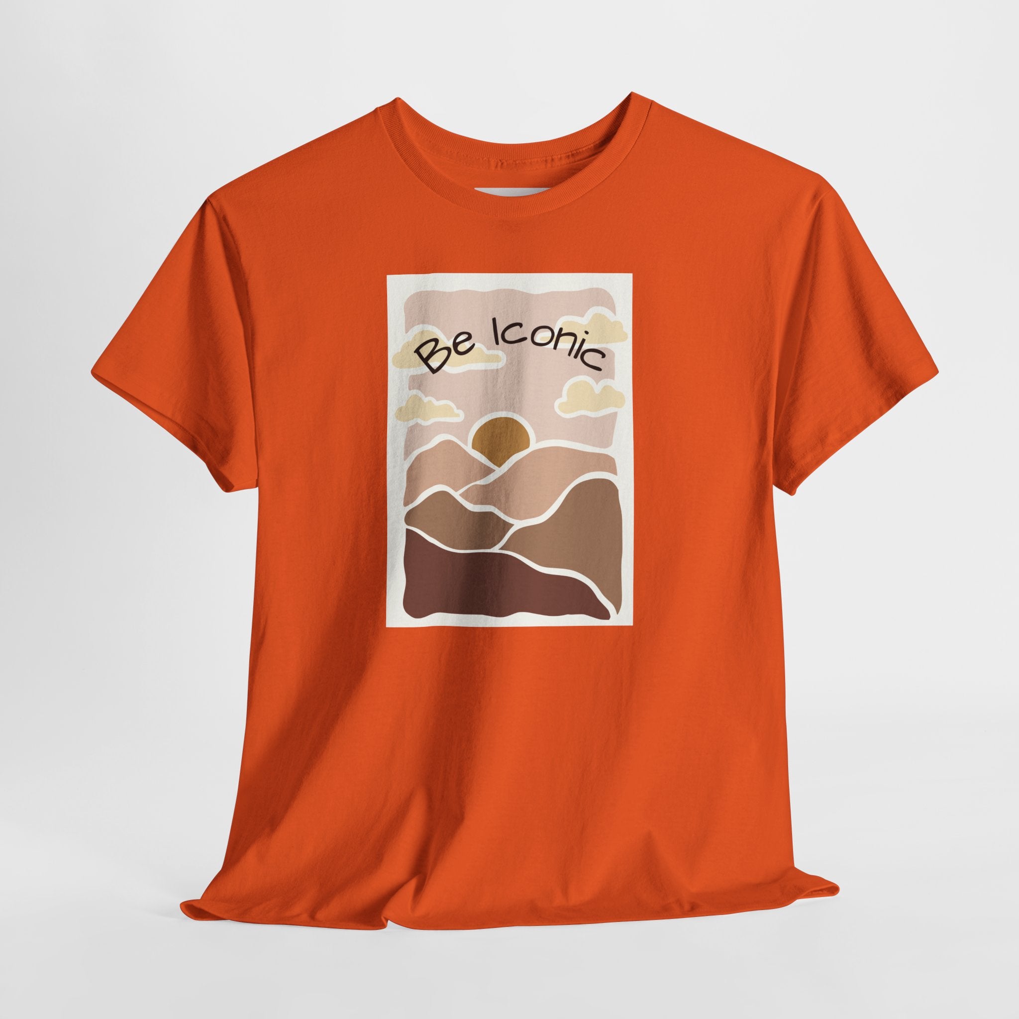 Be Iconic Tee — Retro Sunset Mountain Graphic T‑Shirt