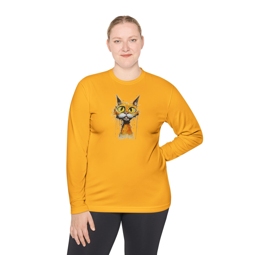 Whimsical Watercolor Cat Long Sleeve Tee — Cute Orange Kitty Art Shirt