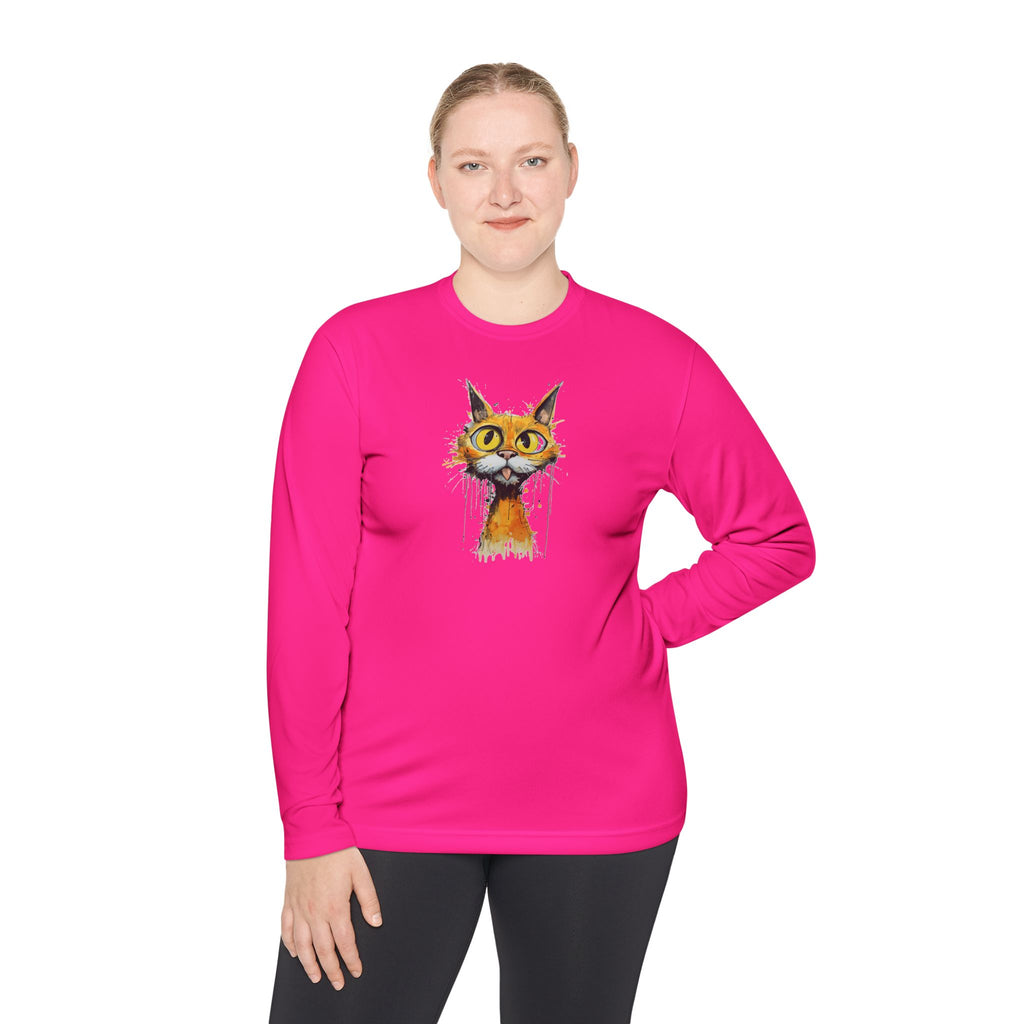 Whimsical Watercolor Cat Long Sleeve Tee — Cute Orange Kitty Art Shirt