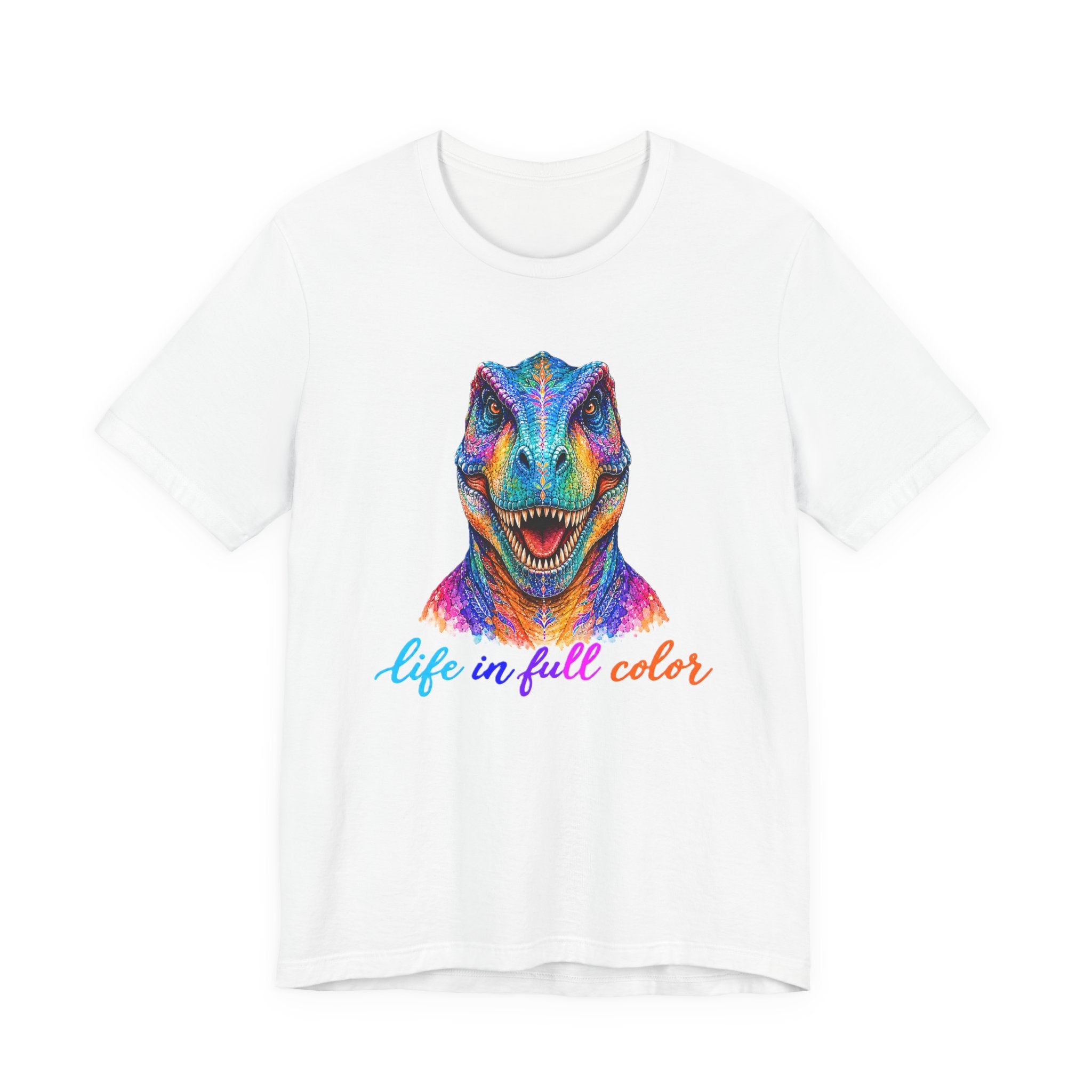 Colorful Raptor Tee – "Life in Full Color" Dinosaur Graphic Shirt