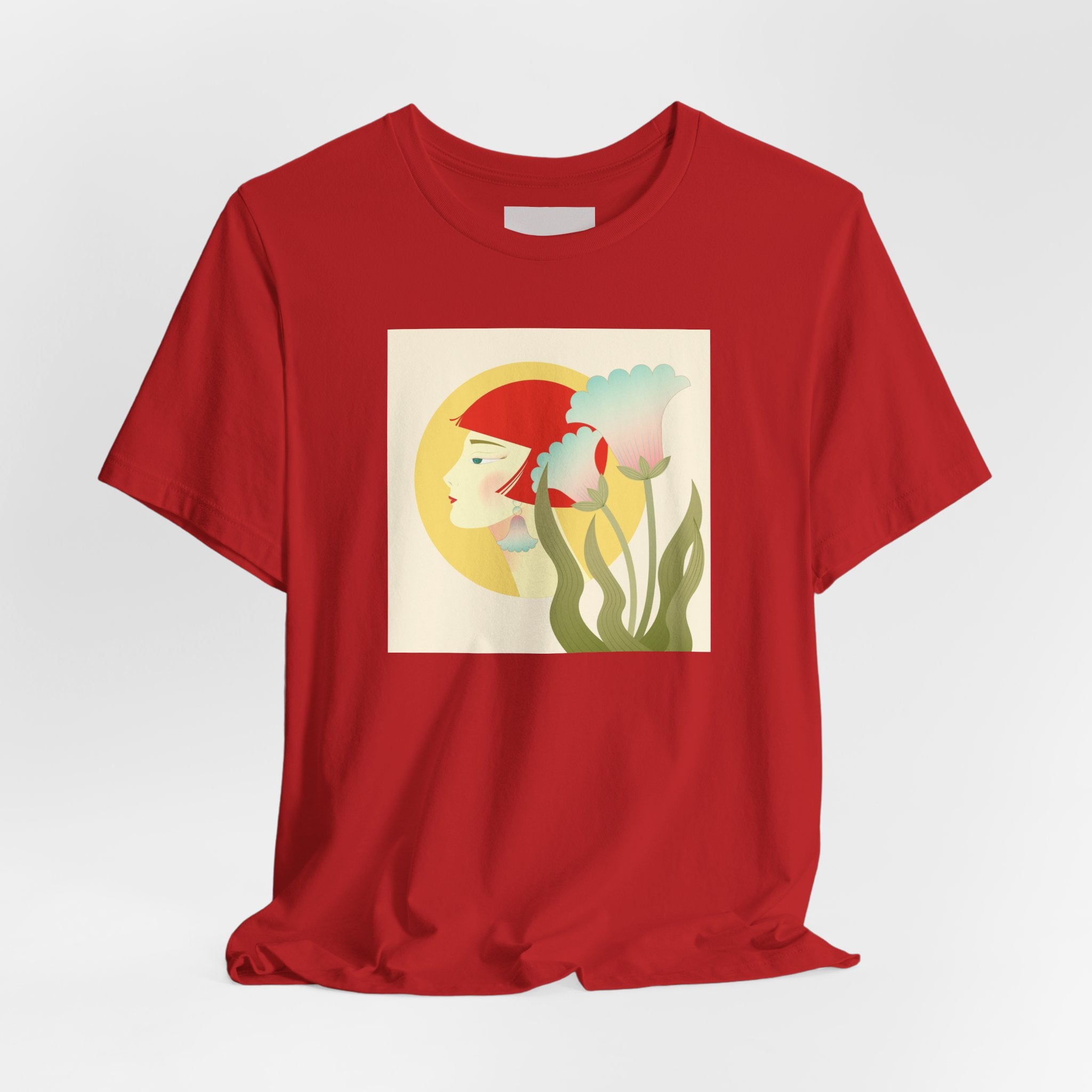 Floral Maiden Graphic Tee — Retro Woman & Tulips Art Shirt
