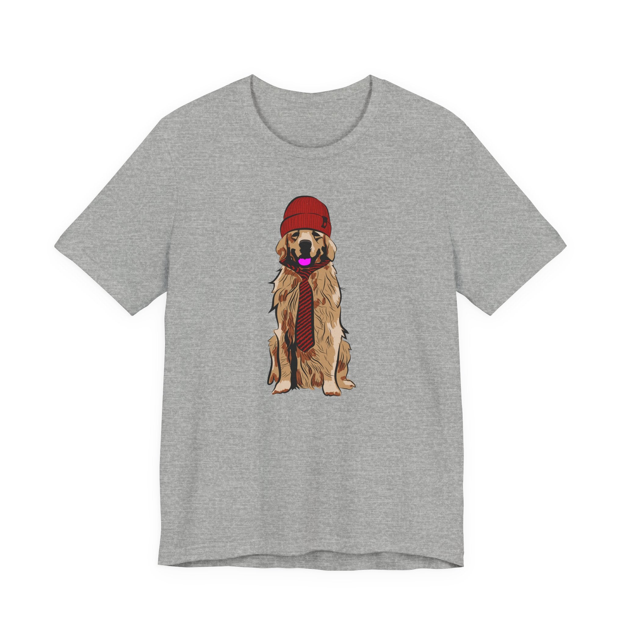 Golden Retriever Graphic Tee — Dog Wearing Beanie & Tie