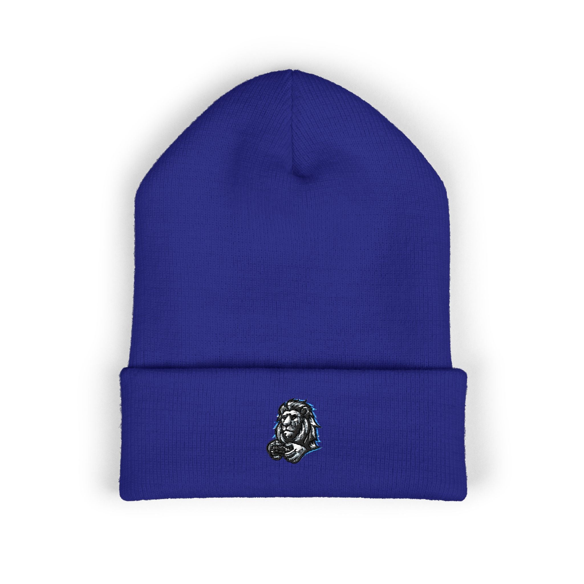 Embroidered Lion Cuffed Beanie — Classic Winter Knit Hat