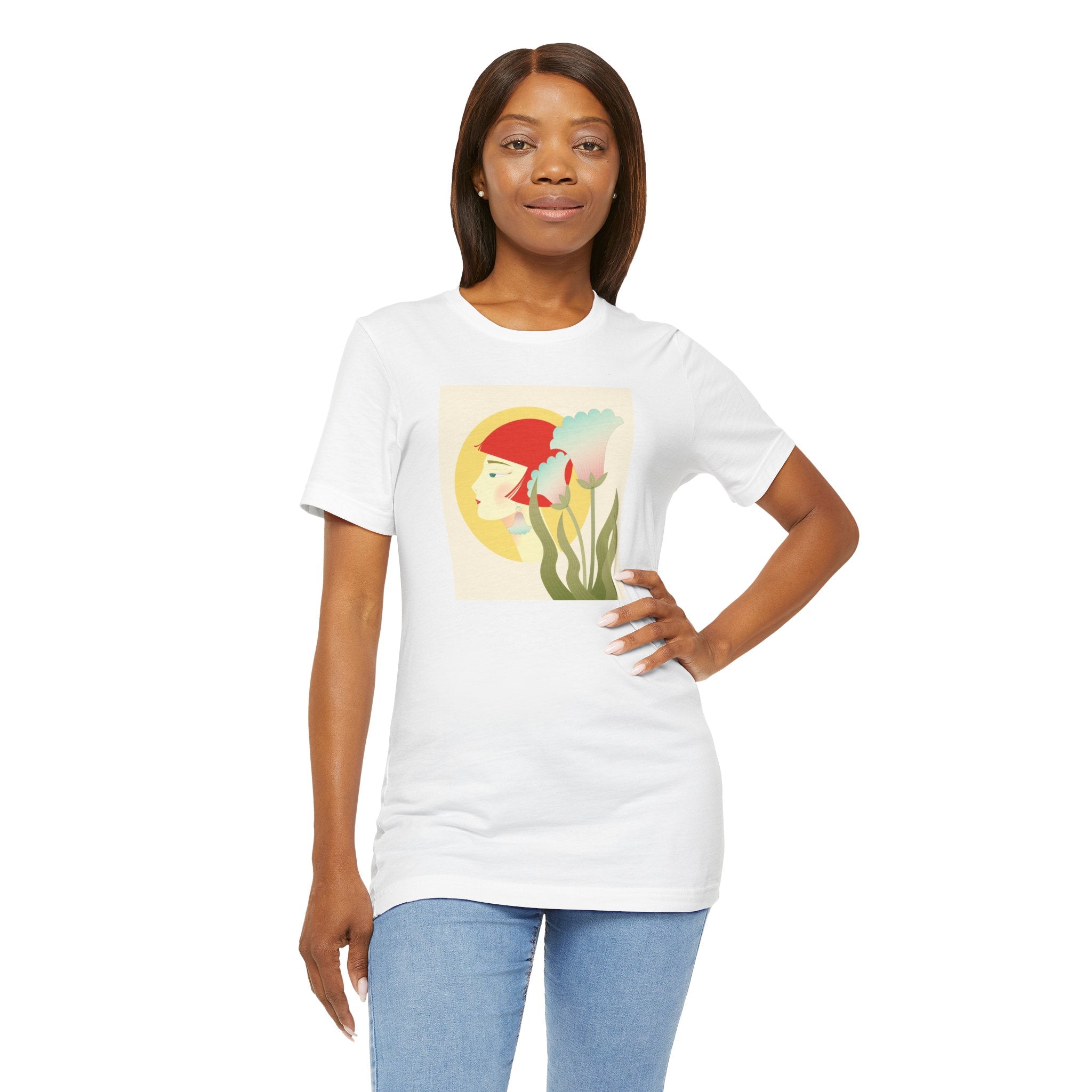 Floral Maiden Graphic Tee — Retro Woman & Tulips Art Shirt