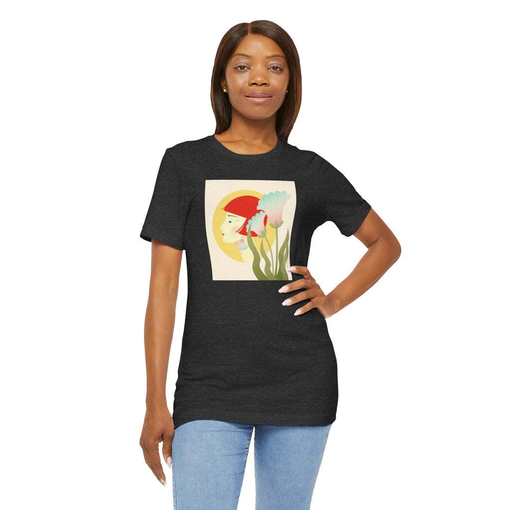 Floral Maiden Graphic Tee — Retro Woman & Tulips Art Shirt