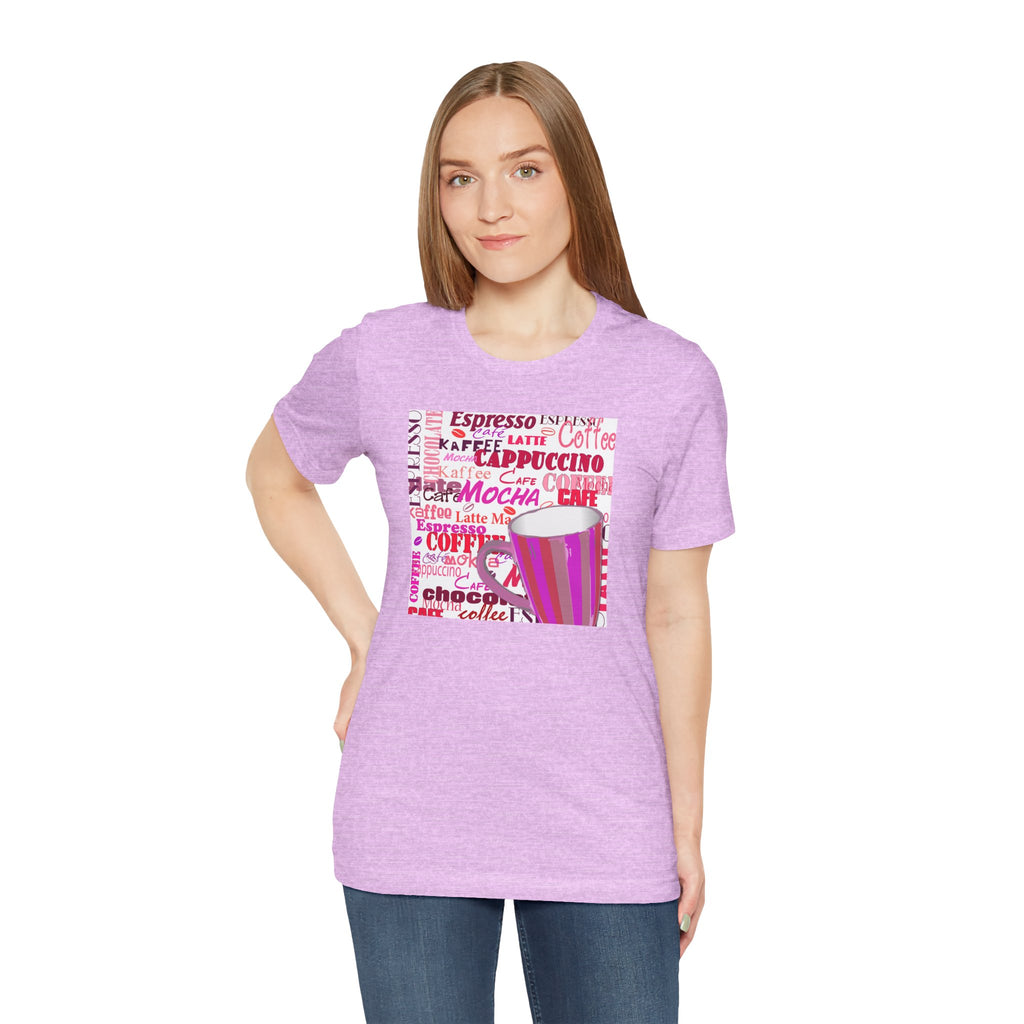 Coffee Words Graphic Tee — Pink Latte Mocha Cup Shirt
