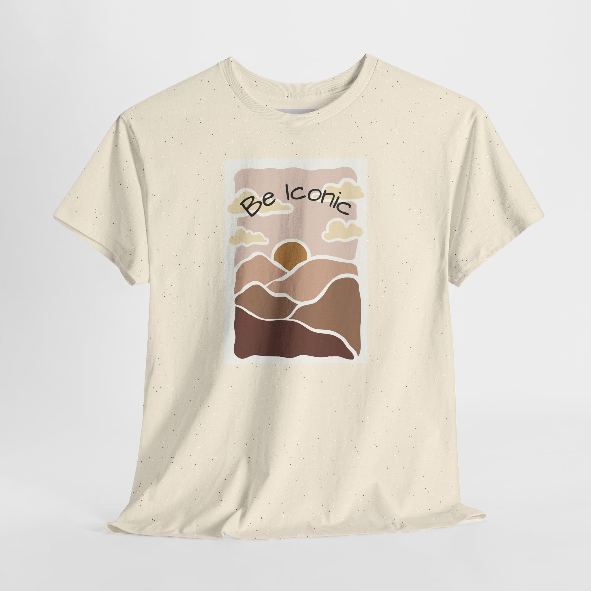 Be Iconic Tee — Retro Sunset Mountain Graphic T‑Shirt