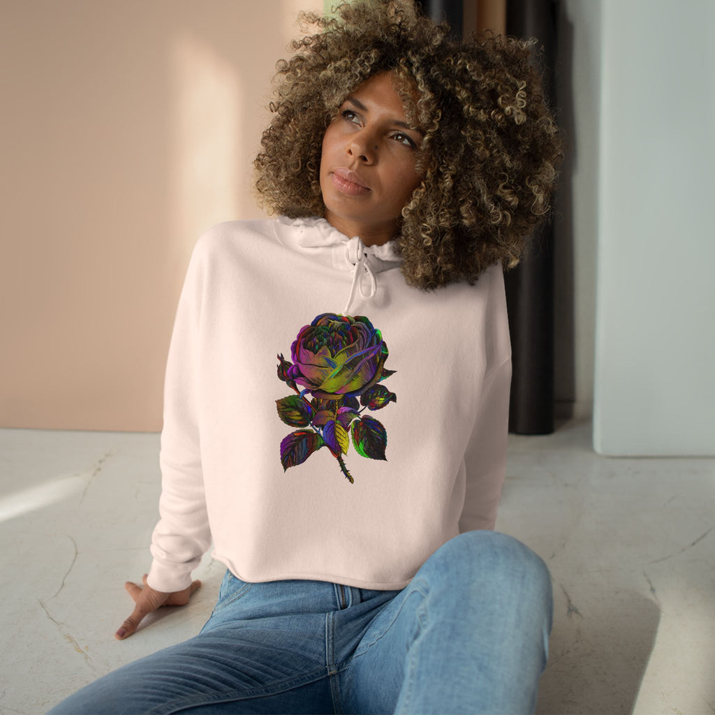 Iridescent Rose Crop Hoodie — Holographic Floral Graphic Cropped Sweatshirt