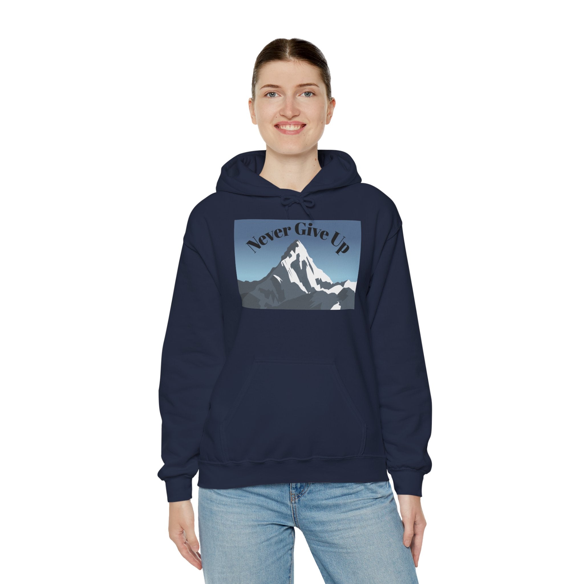 Motivational Mountain Hoodie - "Never Give Up" Inspirational Graphic Hoodie
